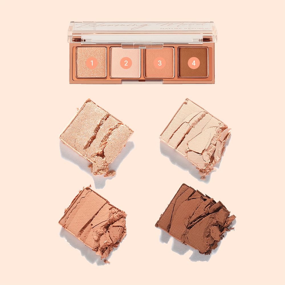 Lidschatten-Palette mit vier Farbtönen und nummerierten Feldern. Einzelne Farbtöne daneben.