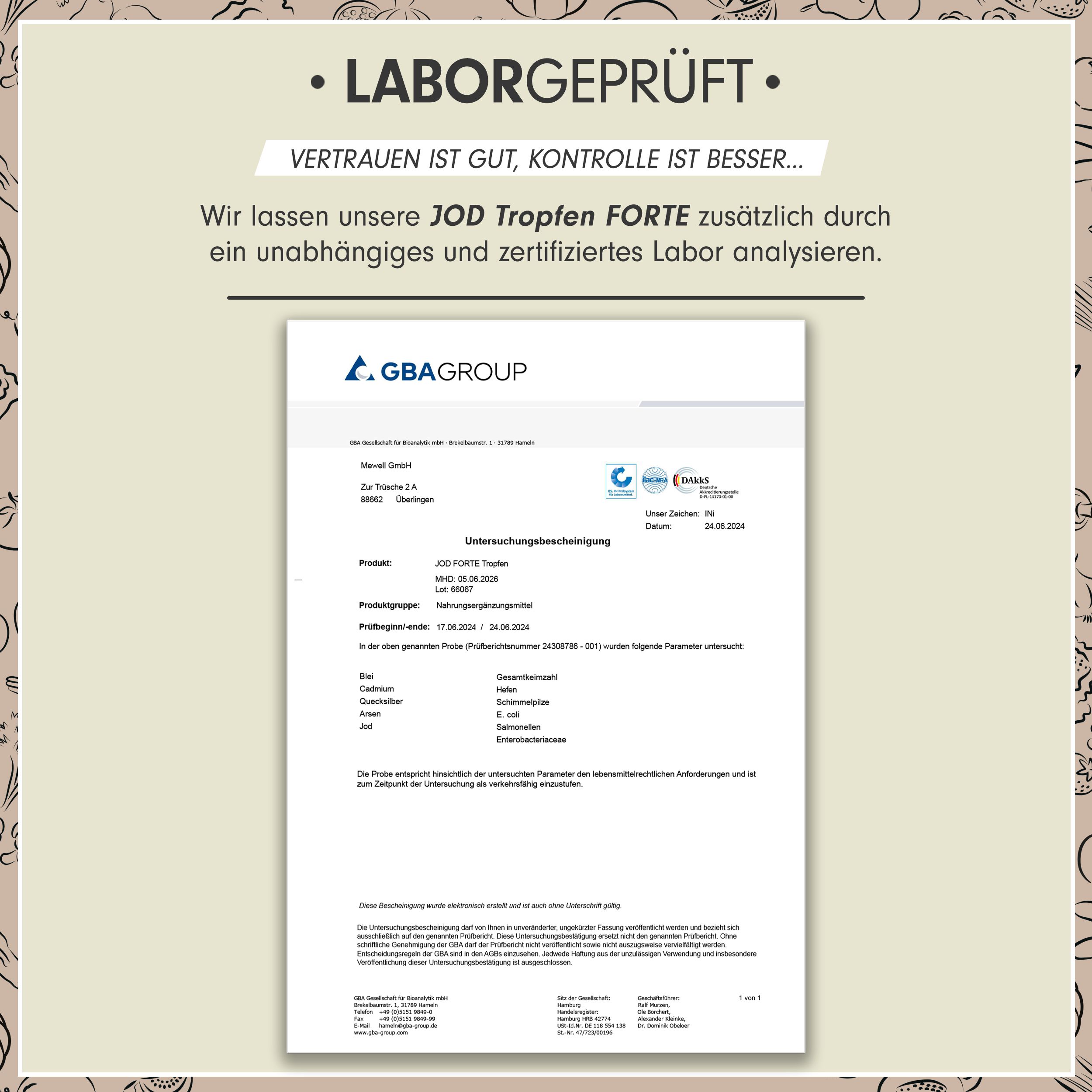 Laborzertifikat. Text: Jod Tropfen Forte, Analyseergebnis, Chargennummer, Verfallsdatum. Logo: GBA Group.