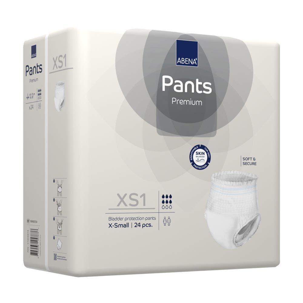 Abena Pants Premium XS1, weiß, in Verpackung. Auf der Verpackung: Marke, Produktname, Größe, Stückzahl, Hautschutz-Zertifizierung.
