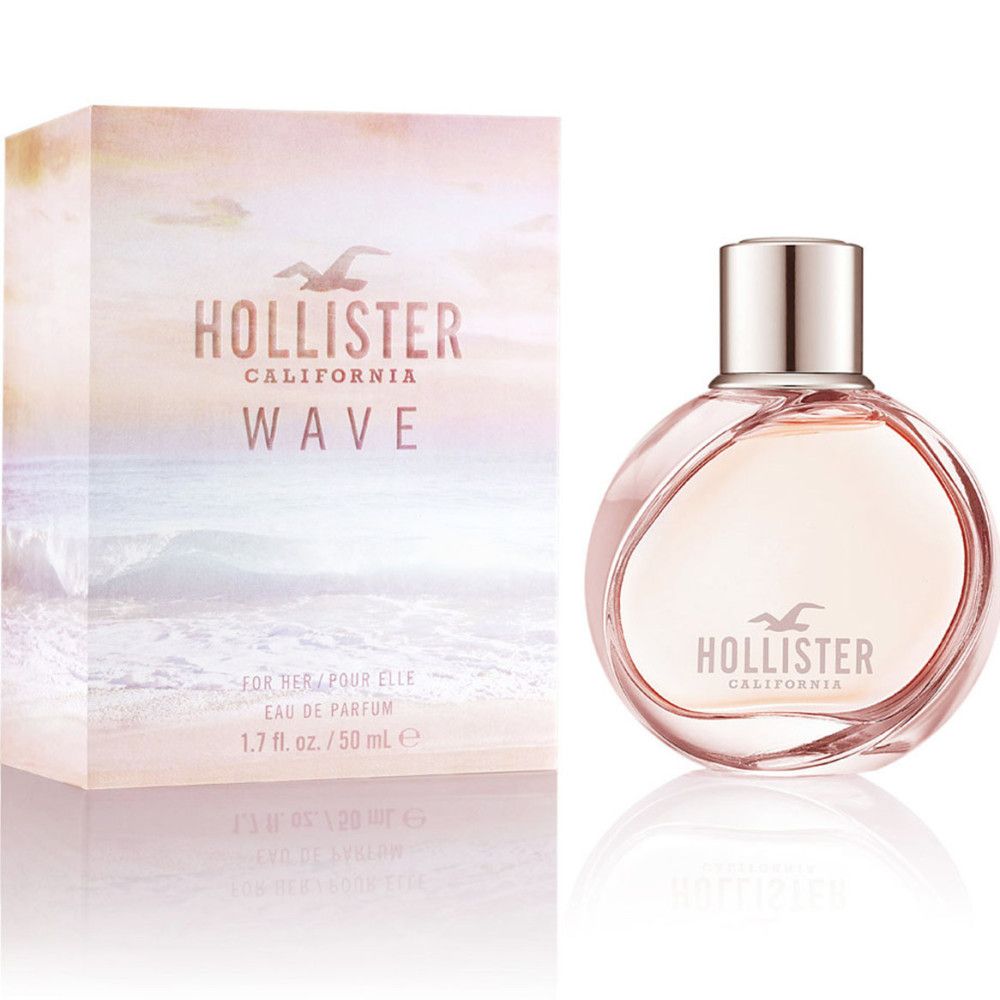 Runder Flakon mit rosa Flüssigkeit, daneben eine Schachtel mit Logo und Schriftzug. Aufschrift: Hollister California Wave.