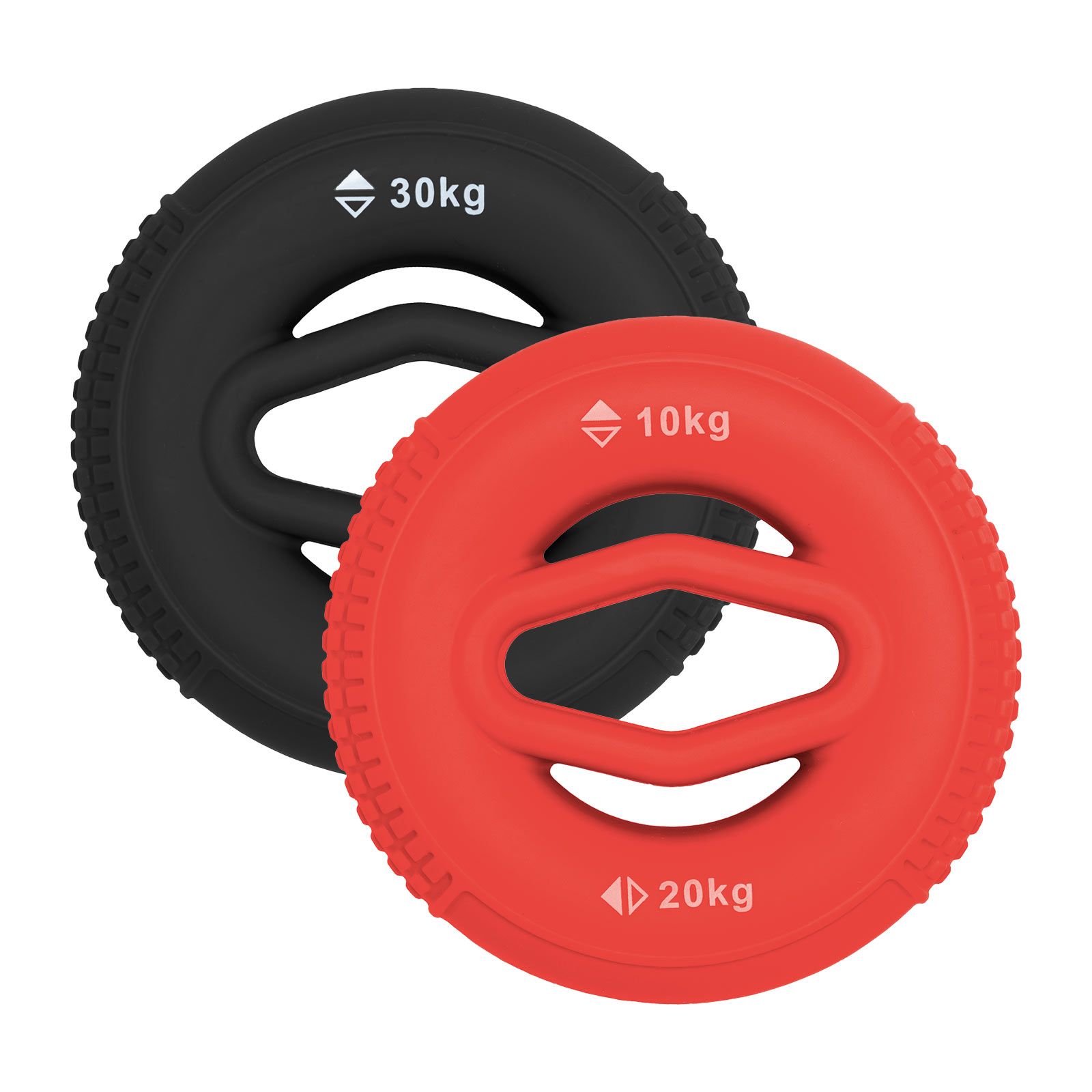 Zwei Ringe, schwarz und rot. Der schwarze Ring hat eine Gewichtsanzeige von 30 kg. Der rote Ring hat 10 kg und 20 kg.