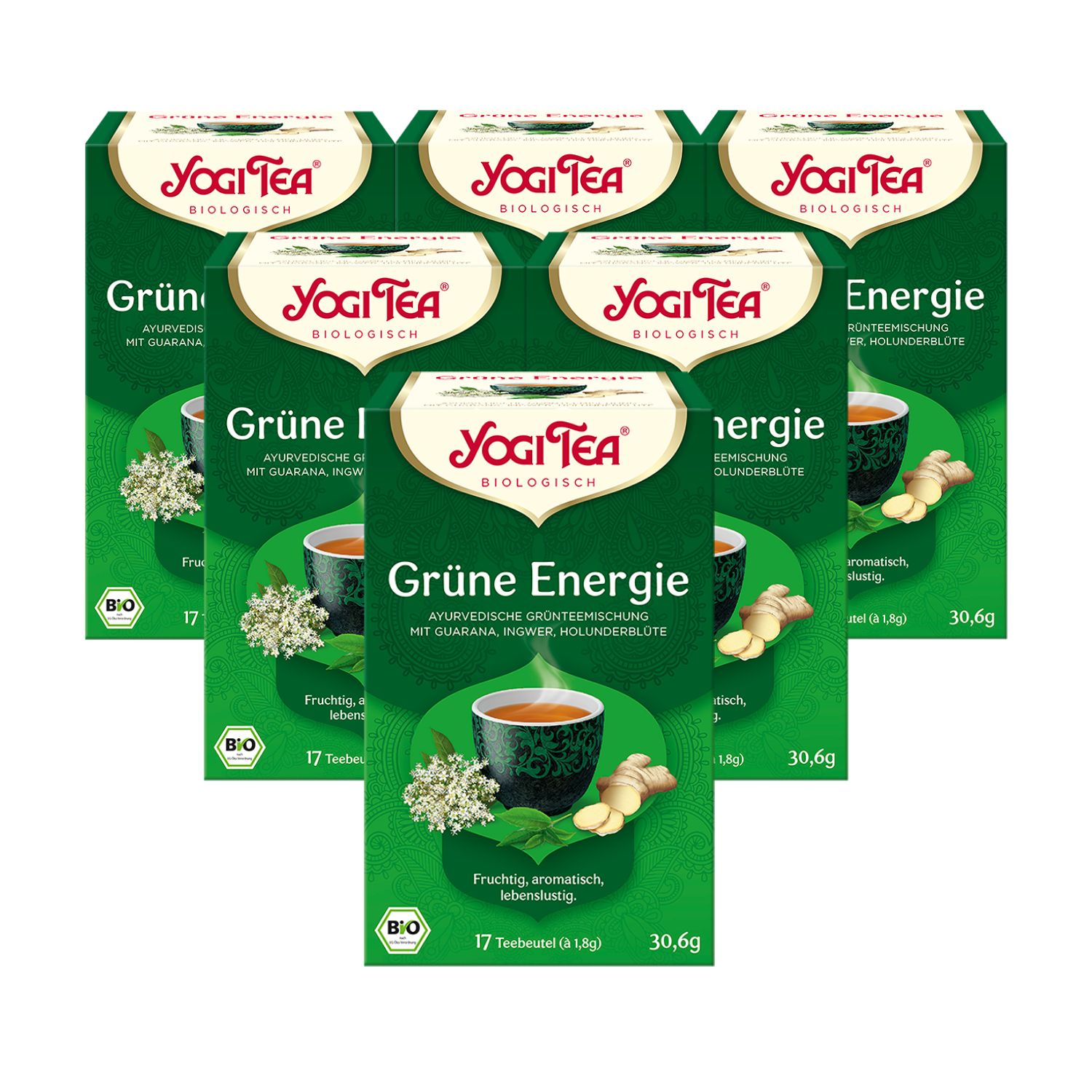 Sechs grüne Yogi Tea-Verpackungen. Aufdruck: Grüne Energie, ayurvedische Grünteemischung mit Guarana, Ingwer, Holunderblüte. Bio-Siegel.
