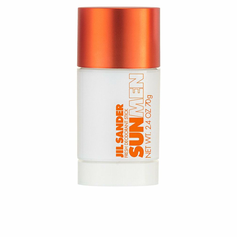 Deostift mit orangefarbenem Deckel. Aufschrift: Jil Sander Sun Men Fresh Deodorant Stick. Nettogewicht: 2.4 OZ 70g.