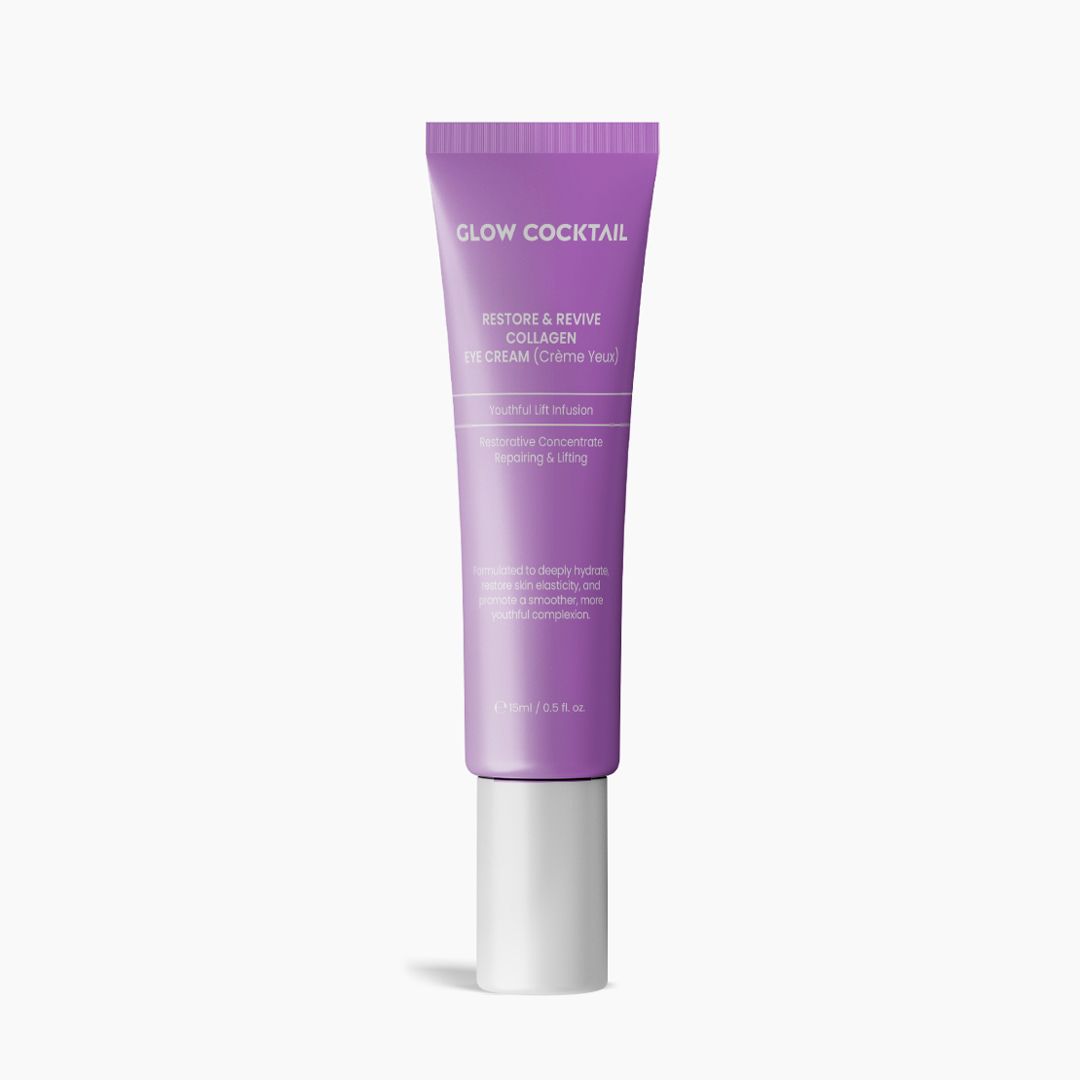 Lila Tube mit weißem Verschluss. Text: Glow Cocktail, Restore & Revive Collagen Eye Cream. Weitere Textzeilen.