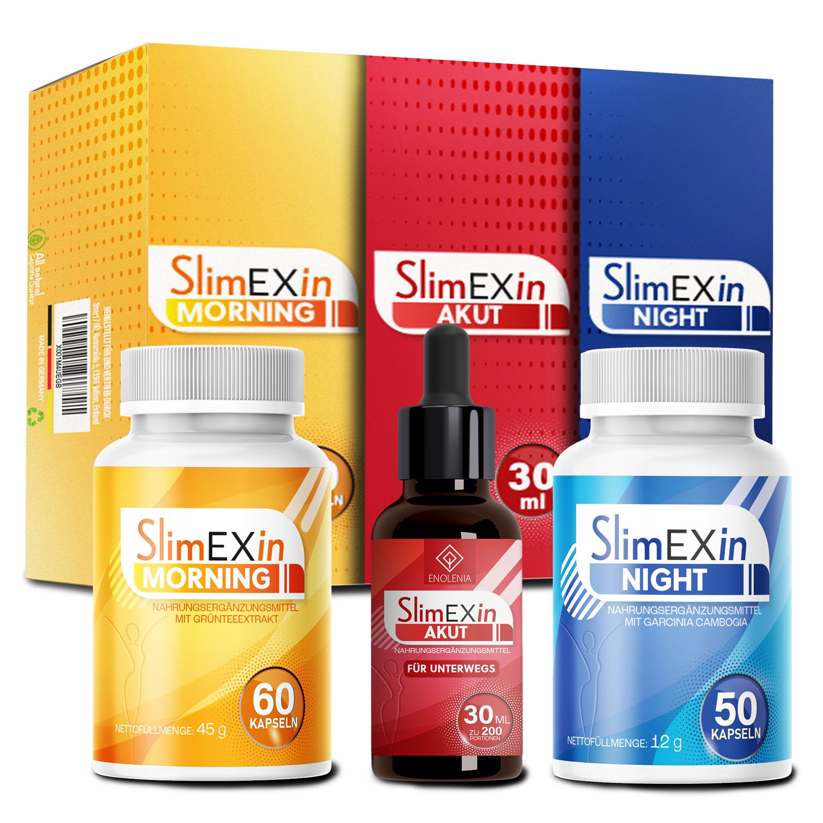 Drei Produktverpackungen und Flaschen. SlimEXin Morning, Akut und Night. Kapseln und Tropfen. Gelb, rot und blau. Mit Produktnamen.