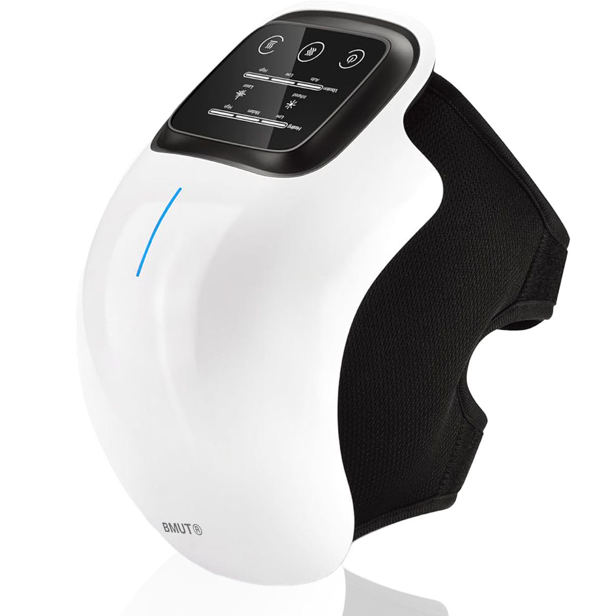 Weißes, ergonomisches Knie-Massagegerät mit schwarzem Textilband. Oben Bedienfeld mit Knöpfen und Display. BMUT-Logo.