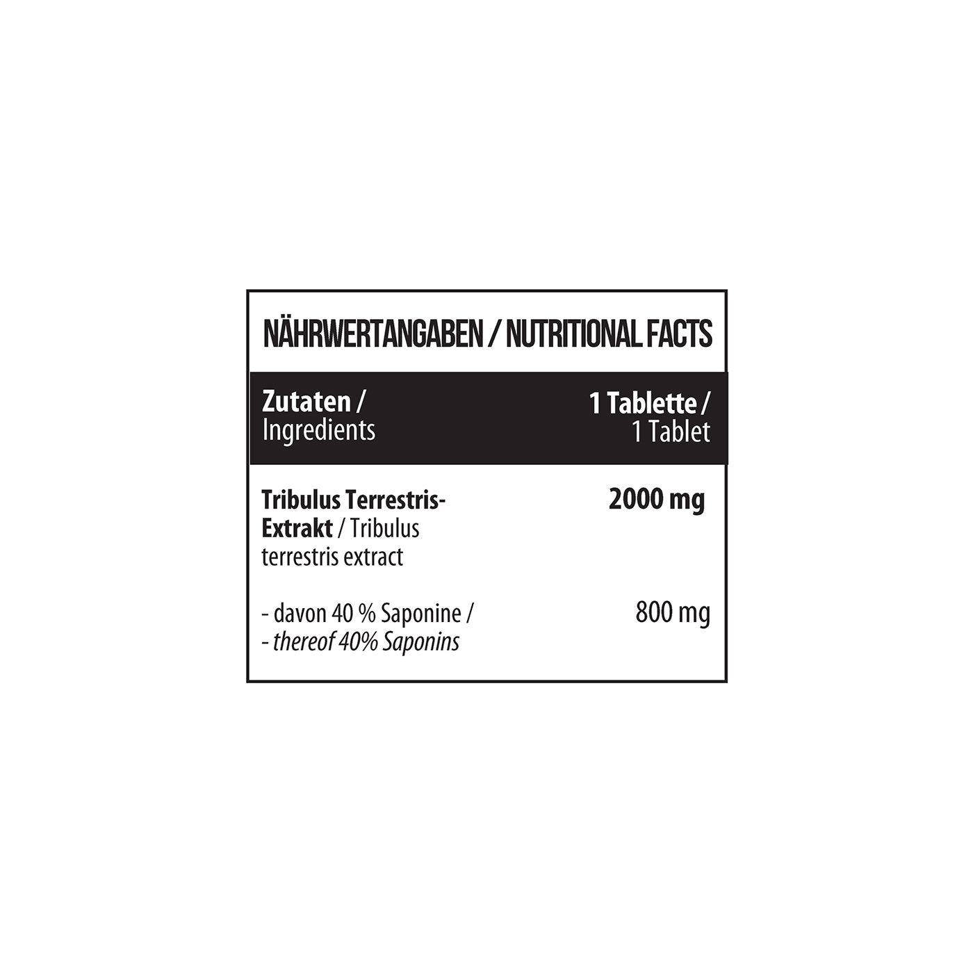 Nahaufnahme der Nährwertangaben auf weißem Hintergrund. Text: Tribulus Terrestris Extrakt, 2000 mg, davon 40% Saponine.