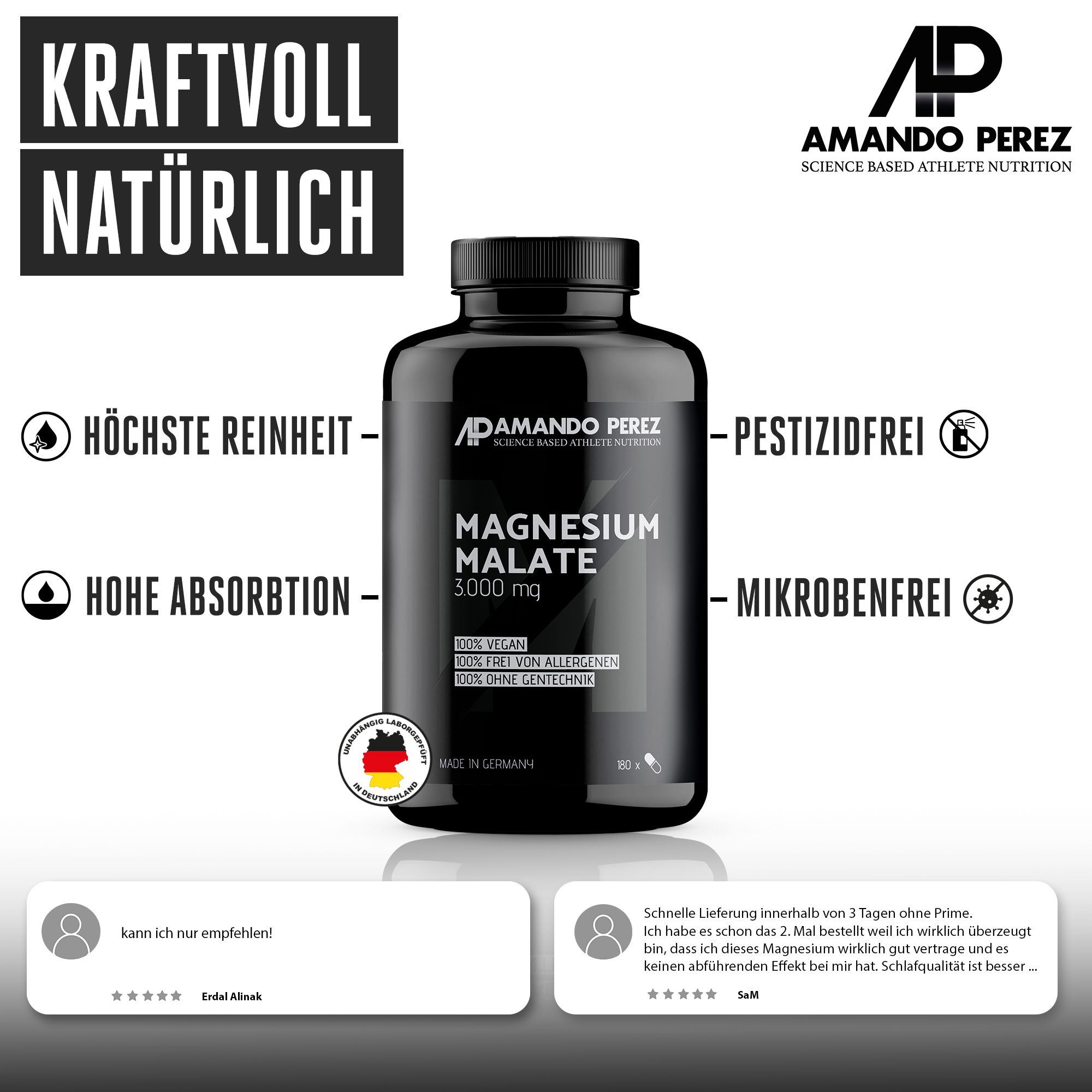 Schwarze Dose Amando Perez Magnesium Malat 3000 mg. "Höchste Reinheit", "Hohe Absorption".