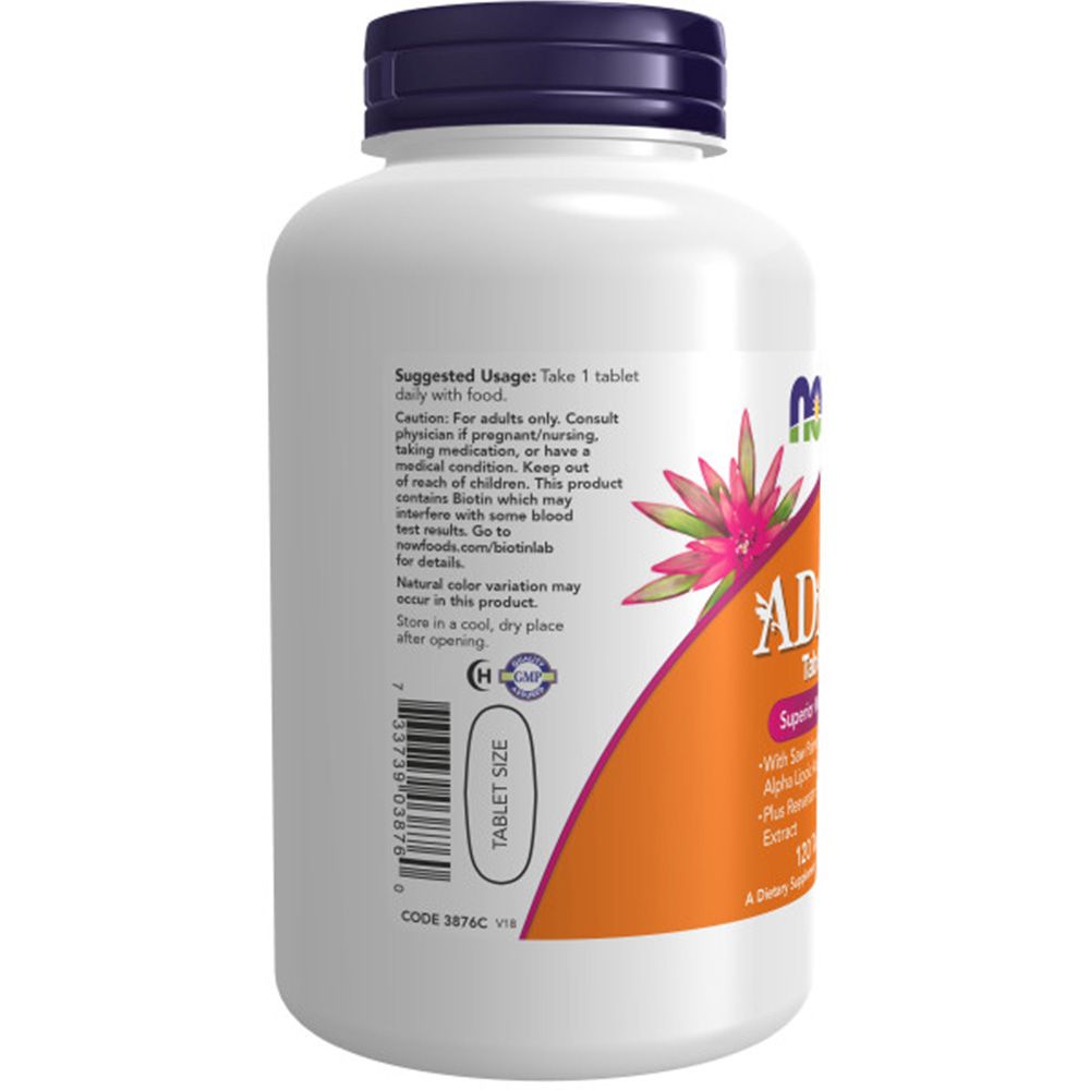 Weiße Flasche mit "ADAM"-Schriftzug und "NOW"-Logo. Orangefarbener Streifen. Text. Barcode und "Tablet Size"-Angabe.