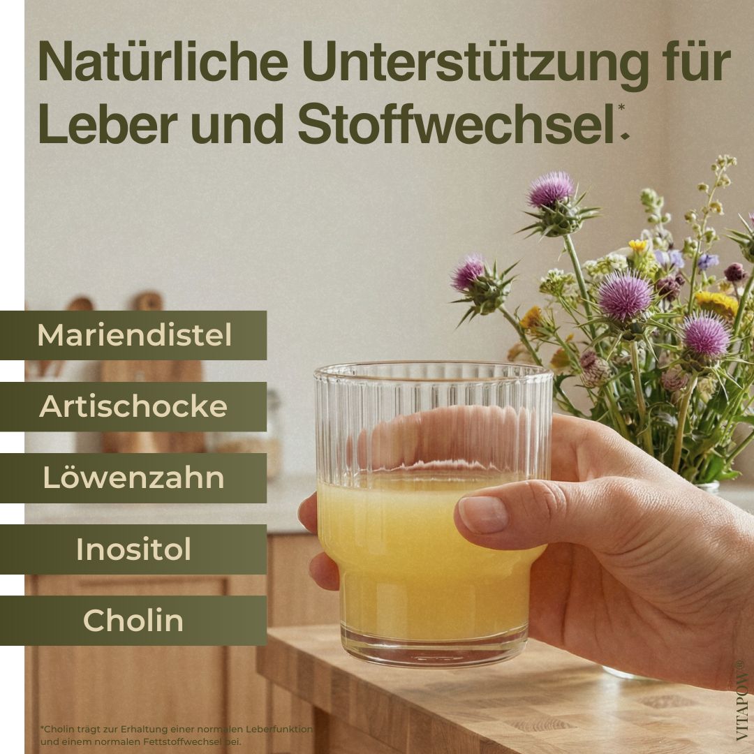 Glas mit gelber Flüssigkeit. Text: Mariendistel, Artischocke, Löwenzahn, Inositol, Cholin. Hand hält Glas.