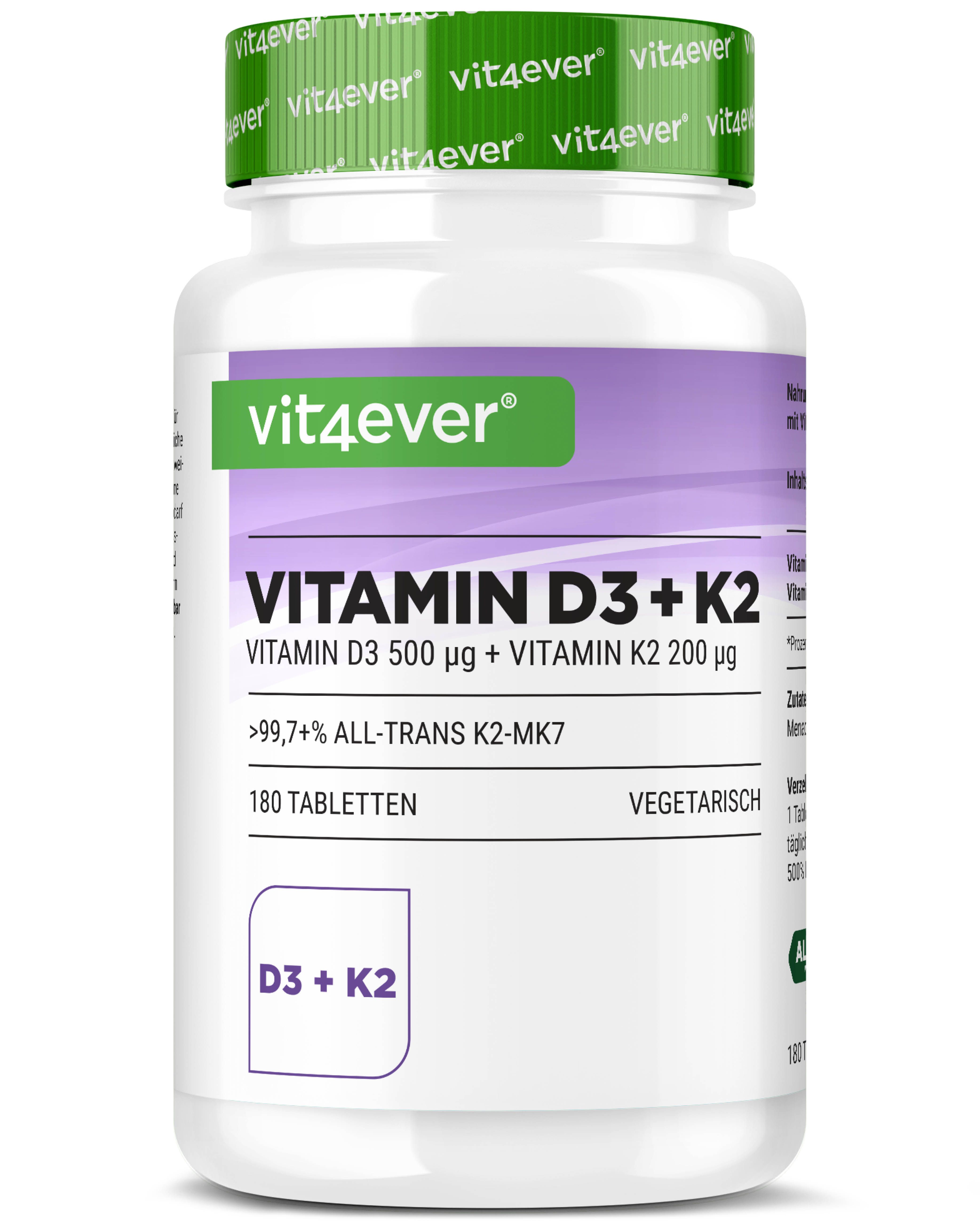 Weiße Flasche mit grünem Deckel. Aufkleber mit "vit4ever" und "Vitamin D3 + K2". 180 Tabletten, vegetarisch.