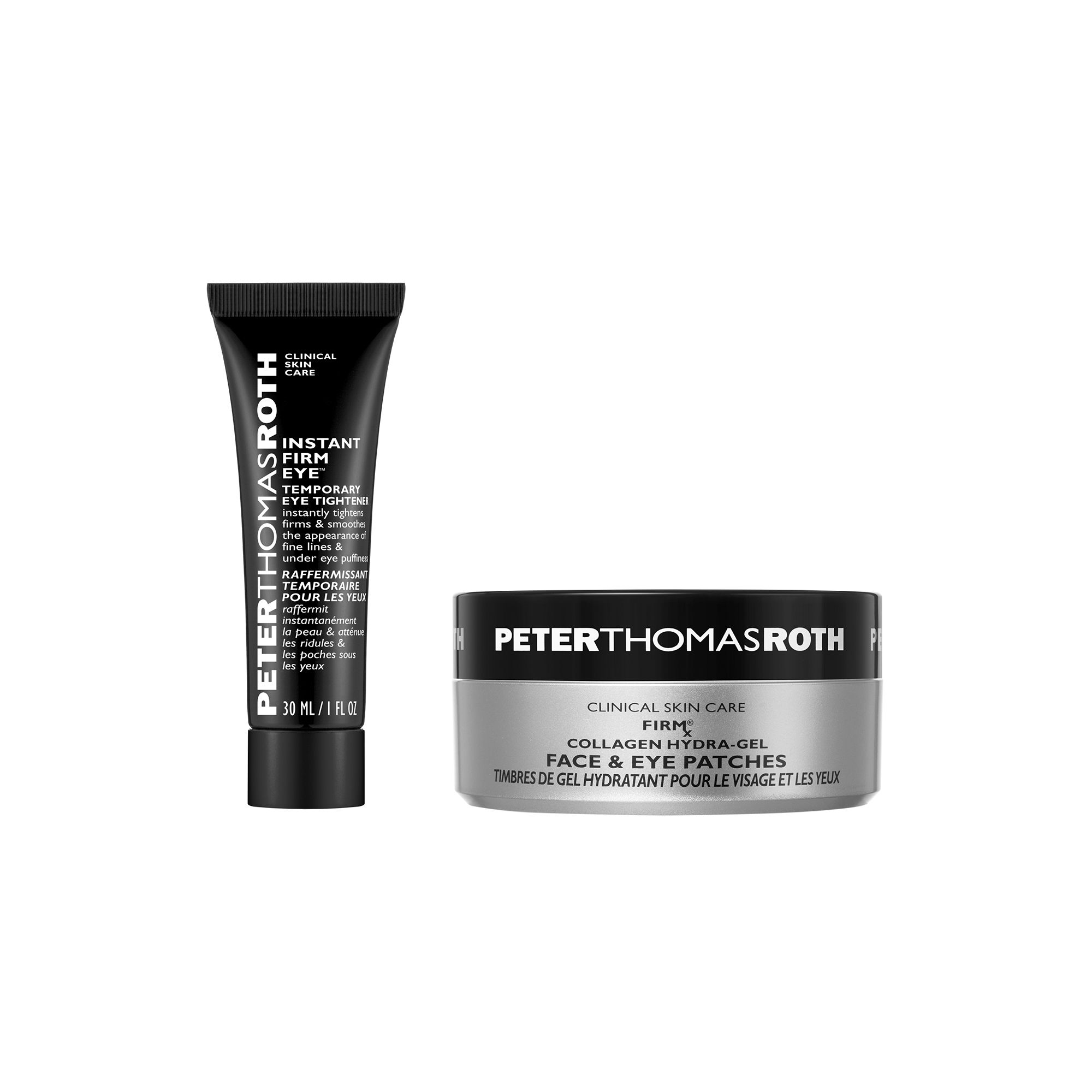 Zwei Produkte: eine schwarze Tube und ein silberner Tiegel. Auf der Tube steht "Peter Thomas Roth" und "Instant Firm Eye".