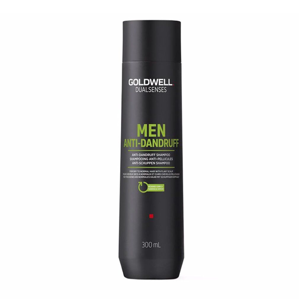 Schwarze Flasche Goldwell Dualsenses Men Anti-Dandruff Shampoo. Grüne und weiße Schrift. 300ml.