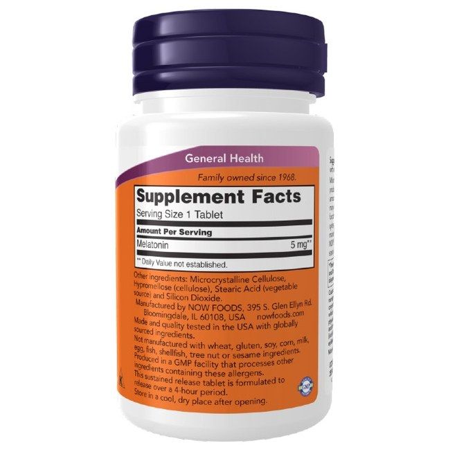 Rückseite der NOW Melatonin 5 mg Flasche mit Nährwertangaben und Inhaltsstoffen.