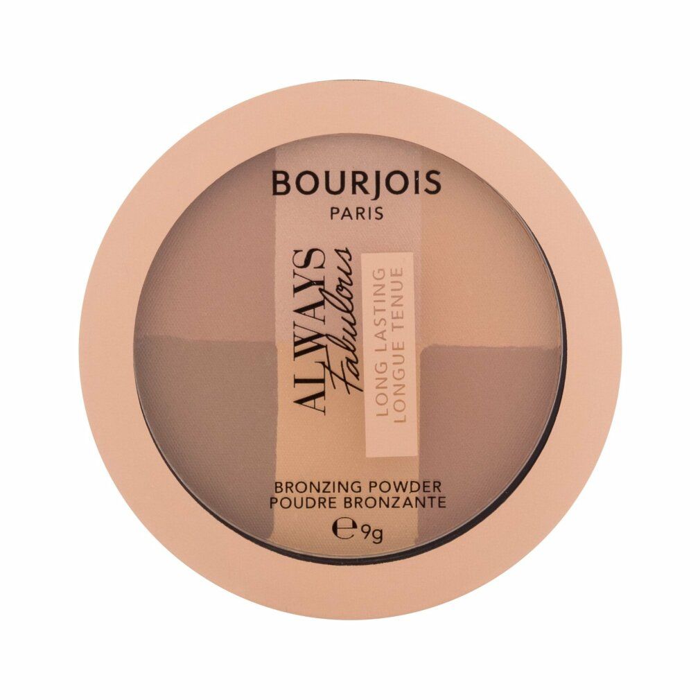 Runder Bronzer-Puder von Bourjois. Vier Farbnuancen, hellrosa Verpackung. Schriftzug: Always Fabulous, Long Lasting.