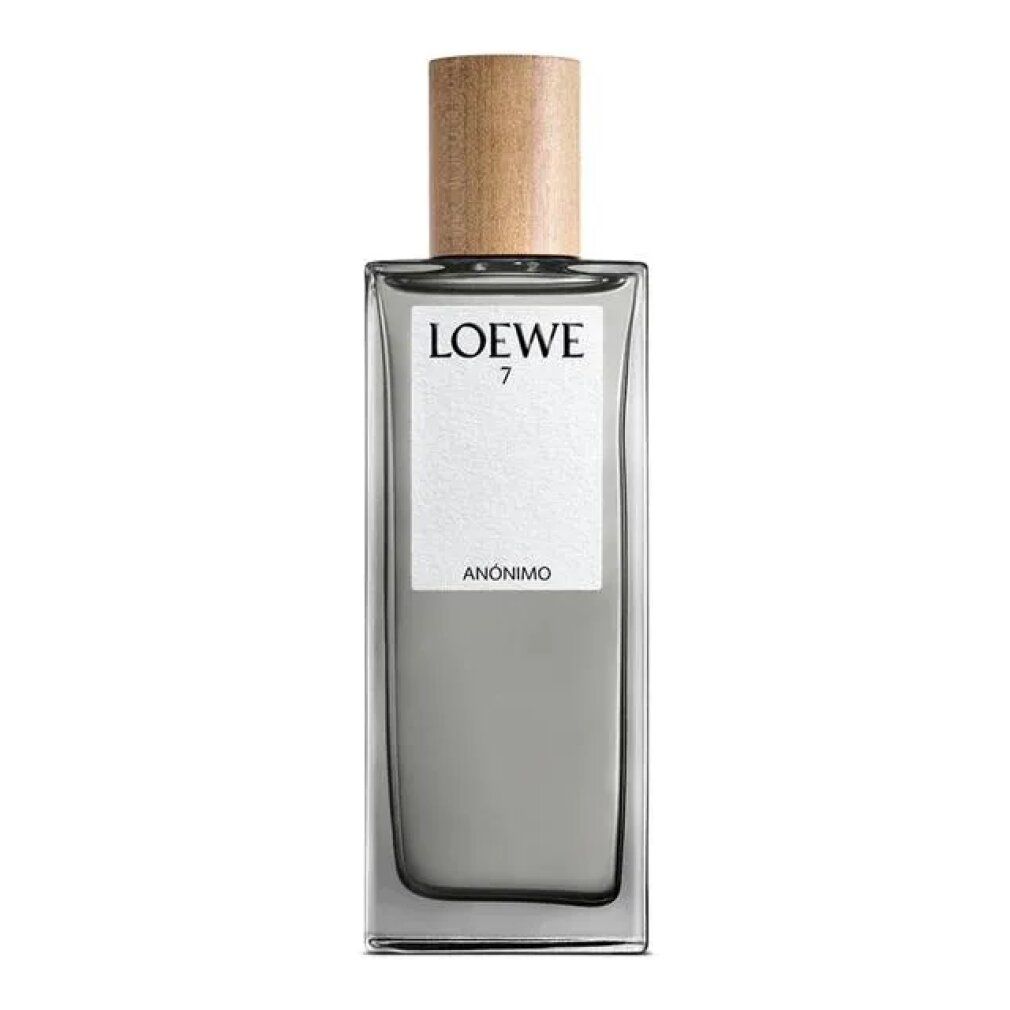 Rechteckiger Flakon mit Holzdeckel. Aufkleber mit "LOEWE 7 ANONIMO". Graues Glas, transparente Flüssigkeit.
