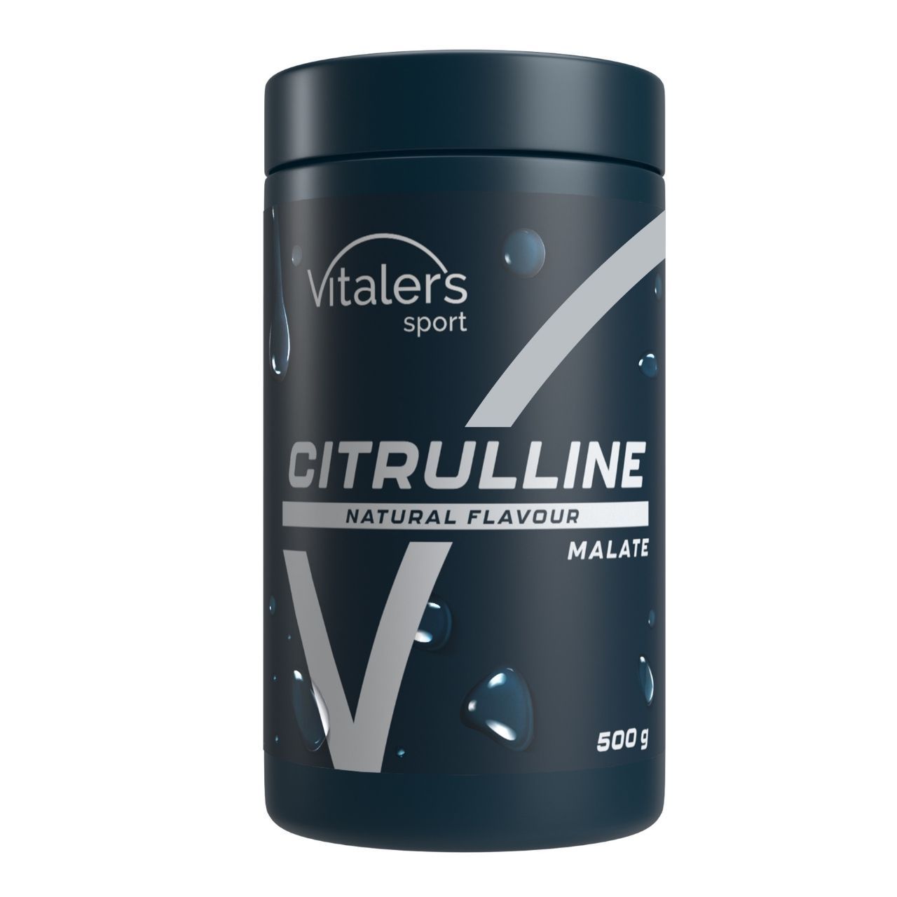 Dunkelblaue Dose mit Vitaler's Sport Logo. Frontetikett zeigt 'CITRULLINE MALATE' und 'NATURAL FLAVOUR'. Gewicht 500g.
