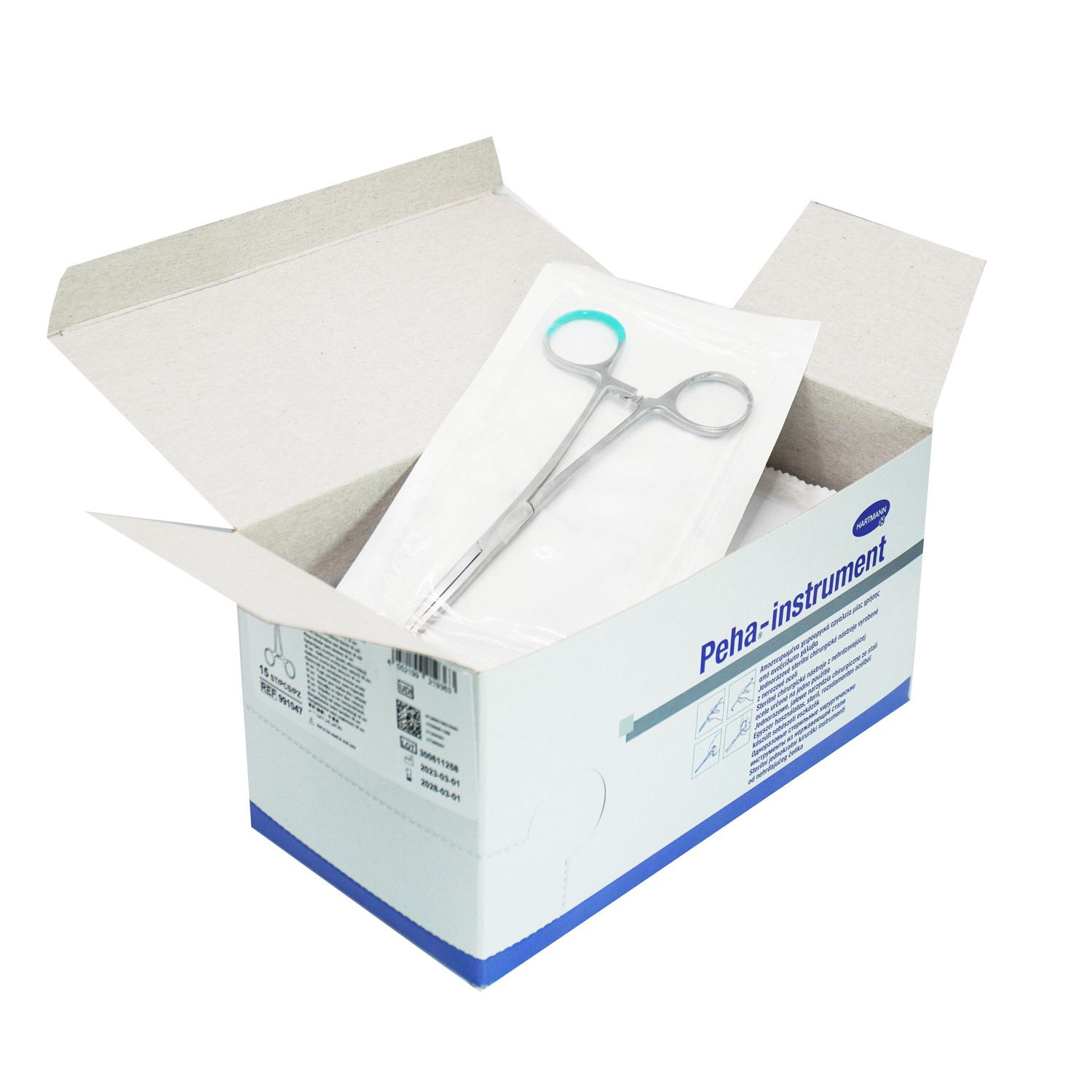 Karton mit chirurgischer Klemme in versiegelter Verpackung. Produktname und Herstellerangaben auf dem Karton.