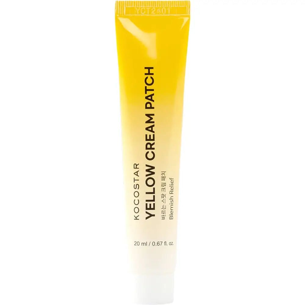 Gelbe Tube KOCOSTAR Yellow Cream Patch. Text: Blemish Relief, 20 ml / 0.67 fl. oz. Auf weißem Hintergrund.