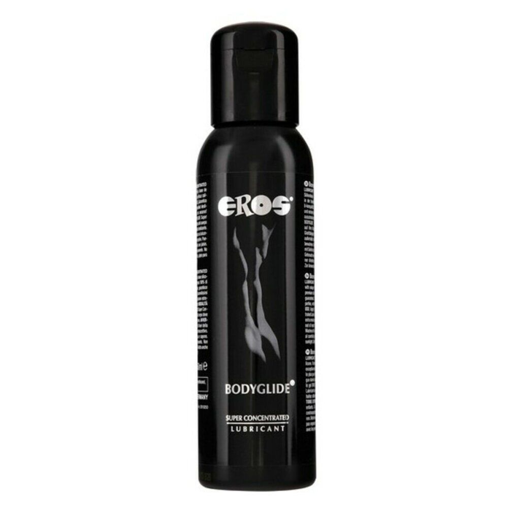 Schwarze Flasche mit Klappverschluss. Aufschrift EROS, BODYGLIDE und SUPER CONCENTRATED LUBRICANT. Abbildung einer Frau.