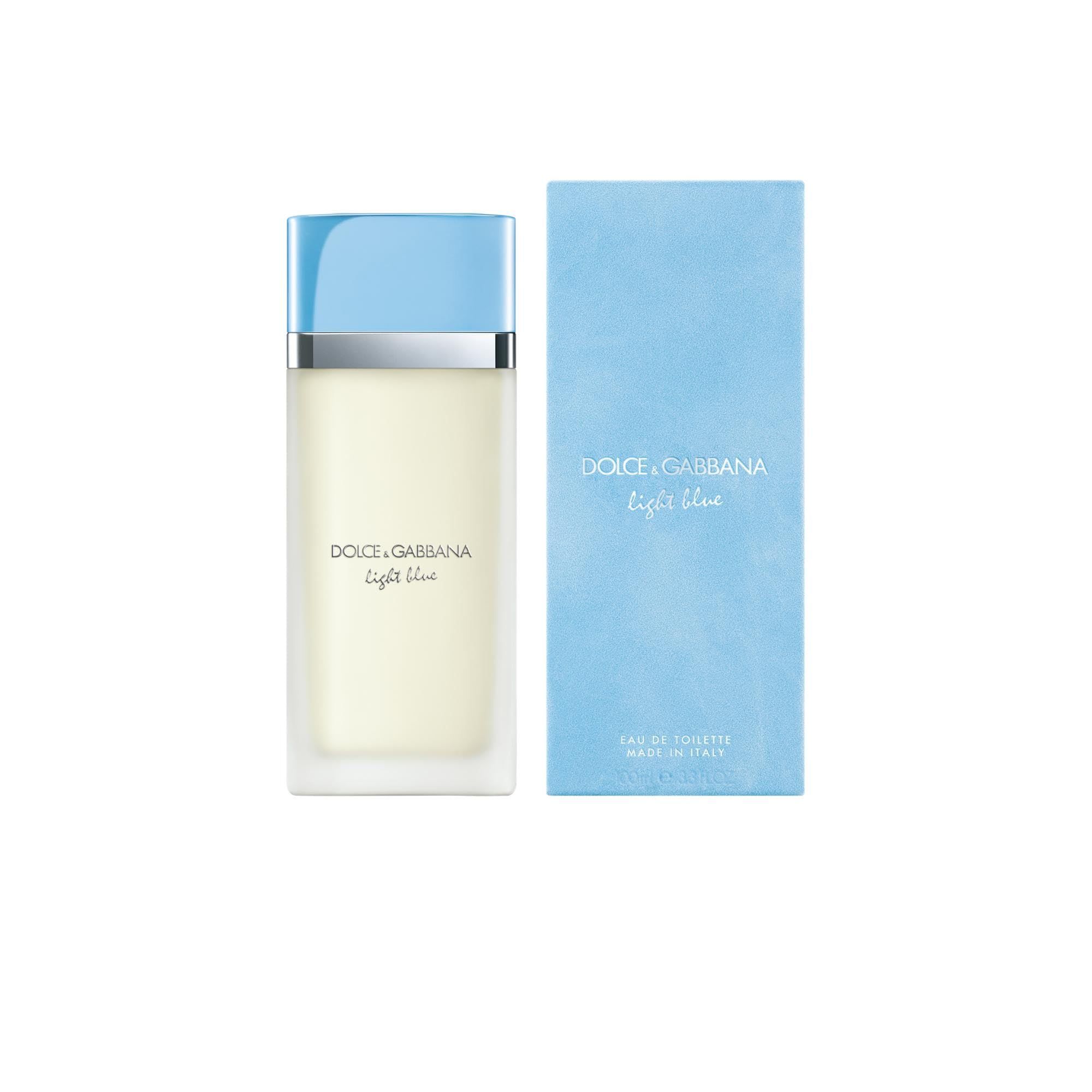 Rechteckiger Flakon mit hellblauem Deckel und hellblauer Verpackung. Aufschrift: Dolce & Gabbana Light Blue.