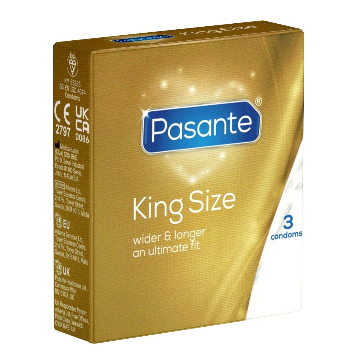 Goldfarbene Schachtel mit Pasante King Size Kondomen. Aufschrift: „breiter & länger, ultimative Passform“. 3 Kondome.