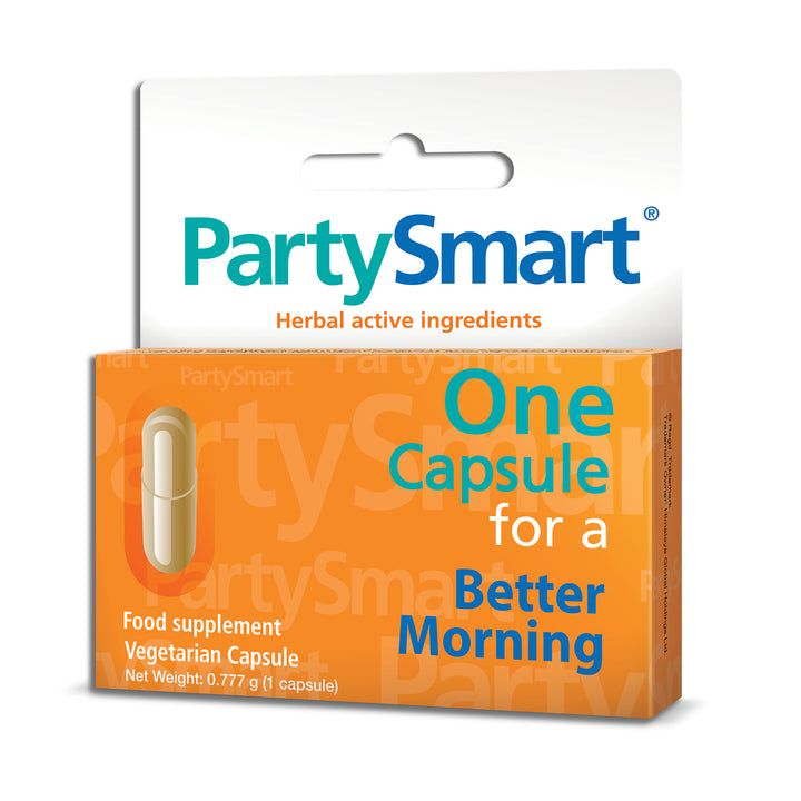 Verpackung mit einer Kapsel. Aufschrift: PartySmart, One Capsule for a Better Morning. Enthält pflanzliche Wirkstoffe.