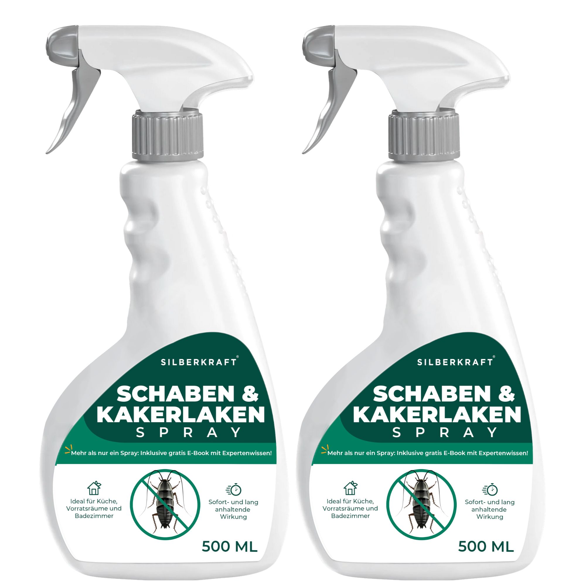 Zwei weiße Sprayflaschen mit Sprühkopf. Text: SILBERKRAFT Schaben & Kakerlakenspray. 500 ml. Inklusive E-Book. Ideal für Küche, Bad. Sofort- und Langzeitwirkung.