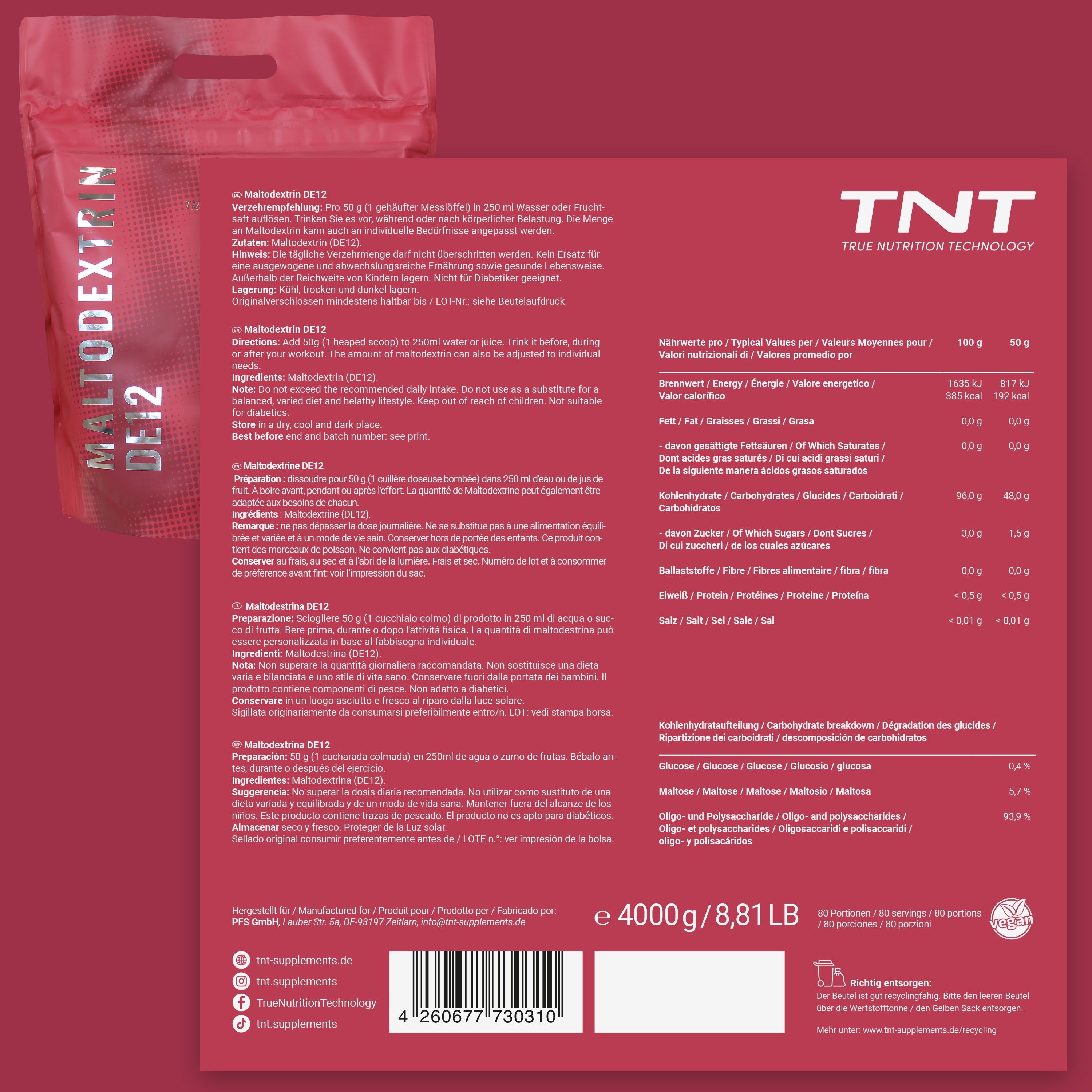 Rote Verpackung mit Text und Nährwertangaben. TNT Maltodextrin DE12. 4000g/8,81LB. Informationen in Deutsch, Englisch, Französisch, Italienisch.