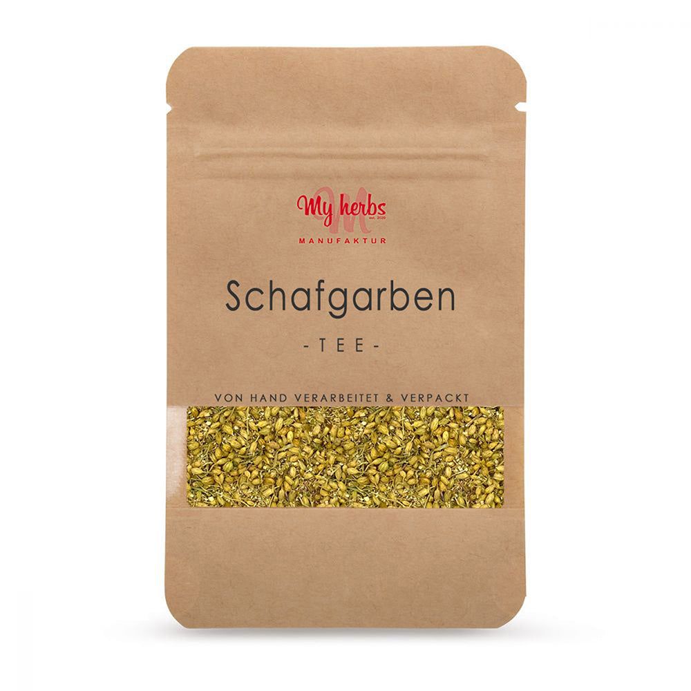 Beutel mit MYHERBS Schafgarben Tee. Sichtfenster zeigt getrocknete Kräuter. Aufdruck: Schafgarben Tee, von Hand verarbeitet & verpackt.