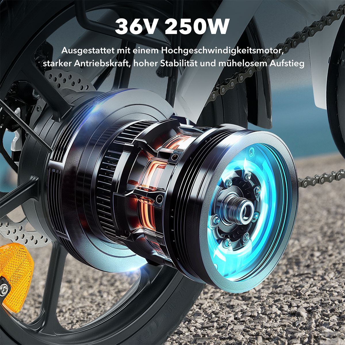 Nahaufnahme des Elektromotors eines E-Bikes. Text: 36V 250W, Hochgeschwindigkeitsmotor.