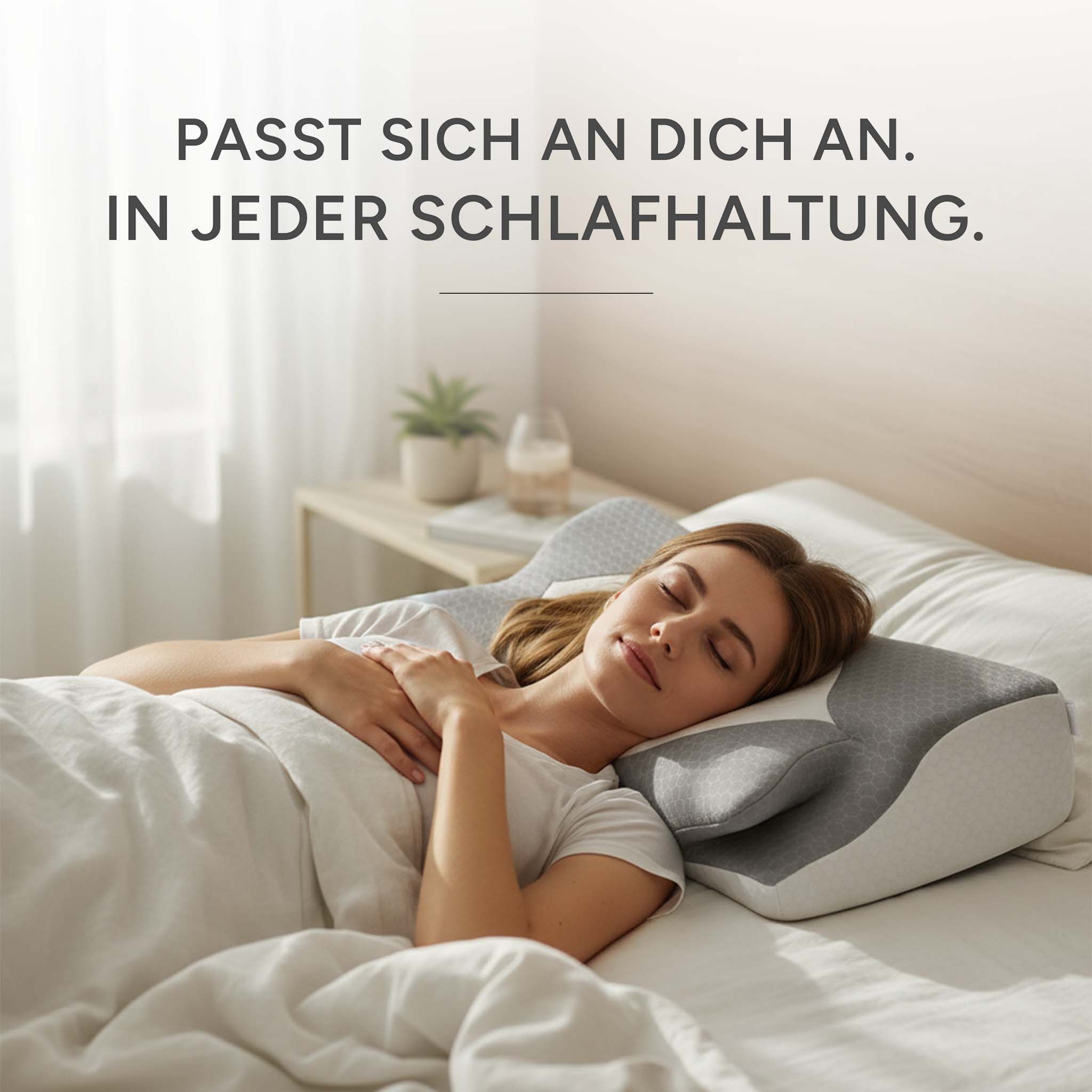 Frau liegt auf dem Rücken, Kopf auf orthopädischem Nackenkissen. Text: 'Passt sich an dich an. In jeder Schlafhaltung.'