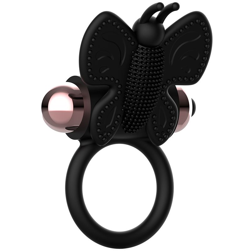 Schwarzer Vibrationsring mit Schmetterlingsdesign, rosegoldfarbenen Elementen.