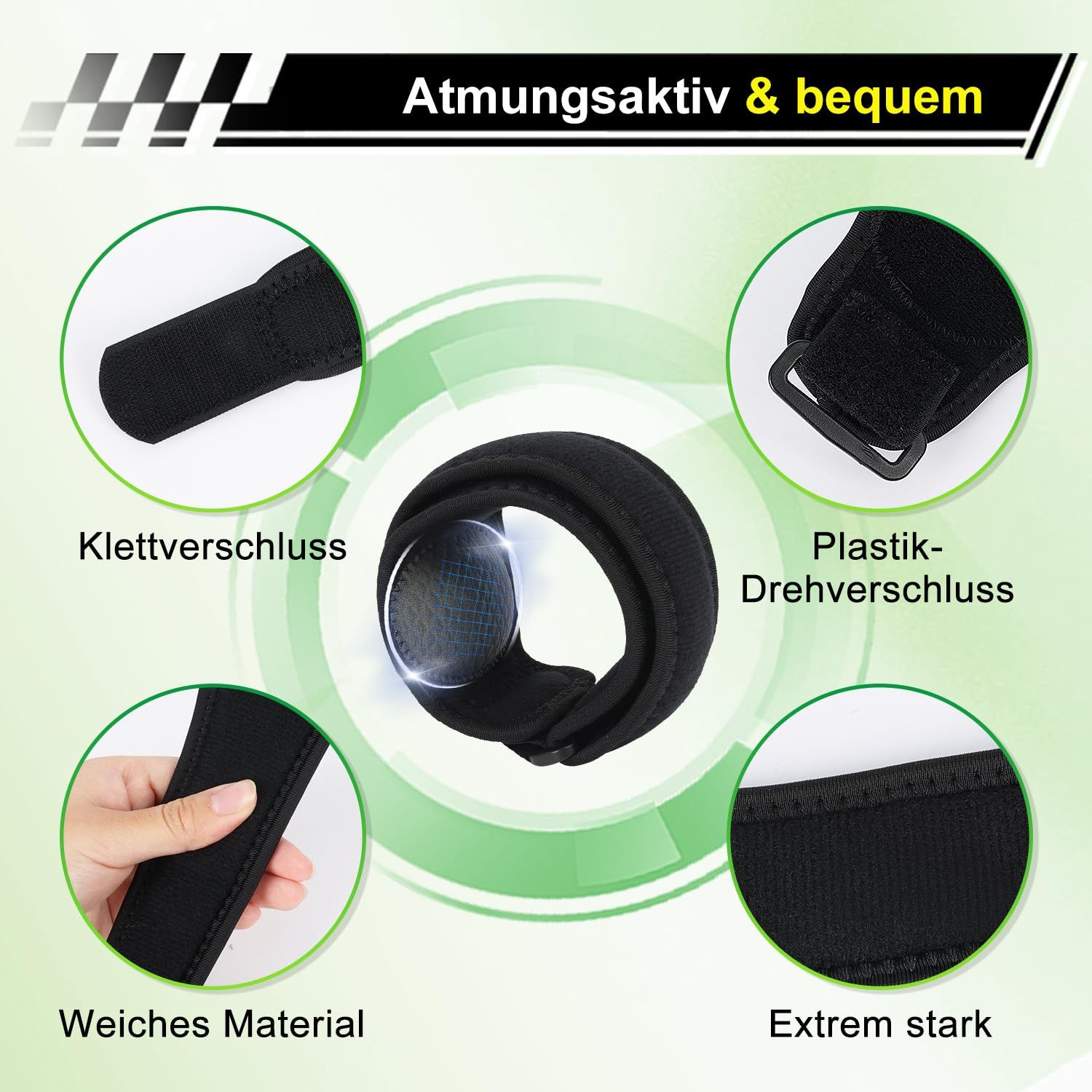 Details einer Ellbogenbandage: Klettverschluss, weiches Material, Plastik-Drehverschluss, stark.