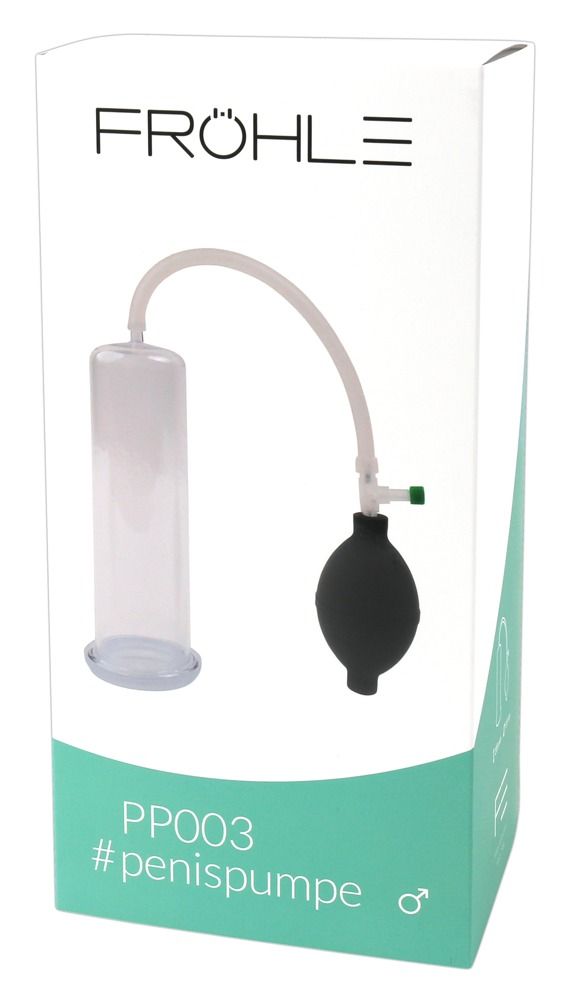 Penispumpe mit transparentem Zylinder, schwarzem Gummiball und Schlauch.