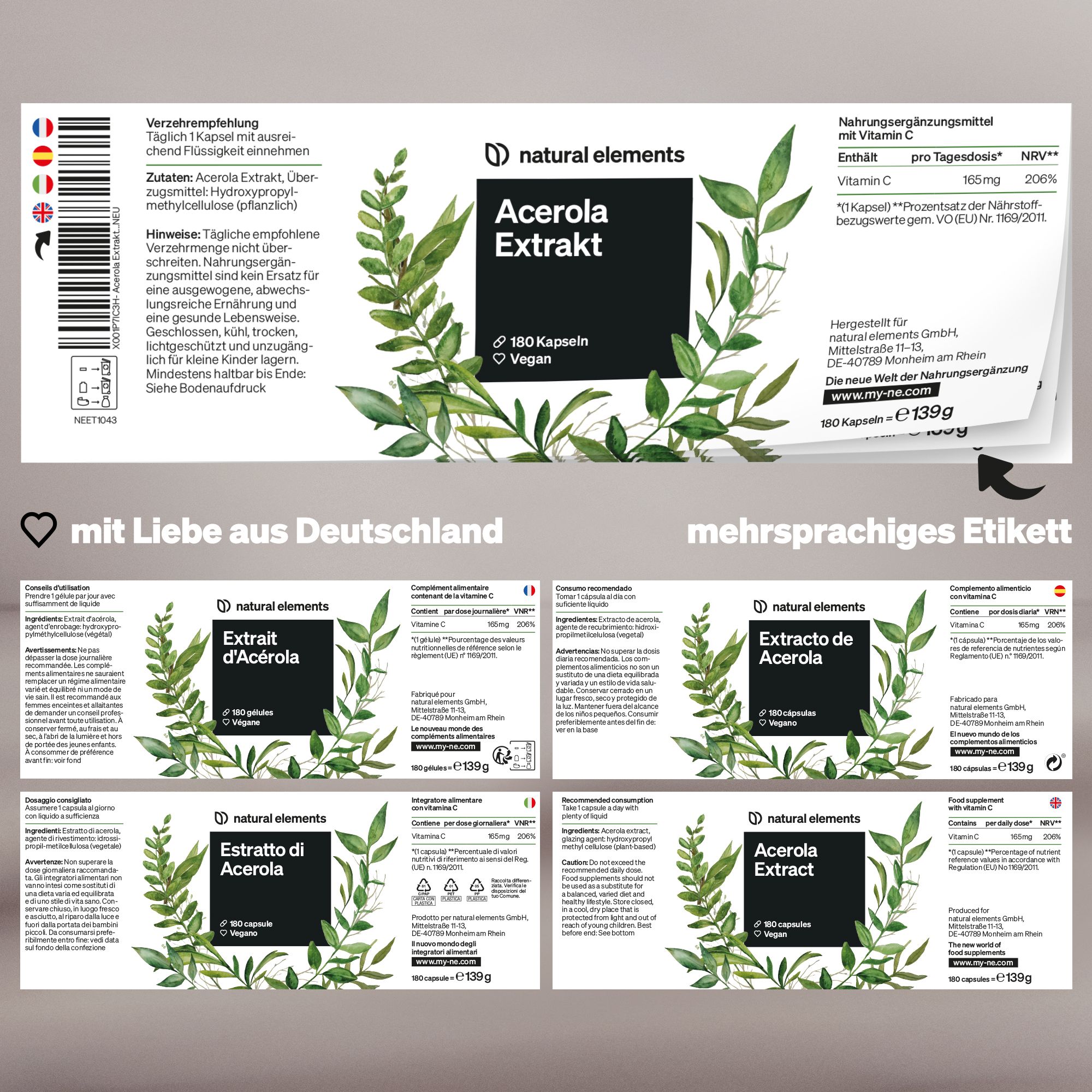 Mehrsprachiges Etikett mit Produktinformationen. Enthält Text in Deutsch, Französisch, Italienisch und Spanisch. Mit grünen Blättern dekoriert.