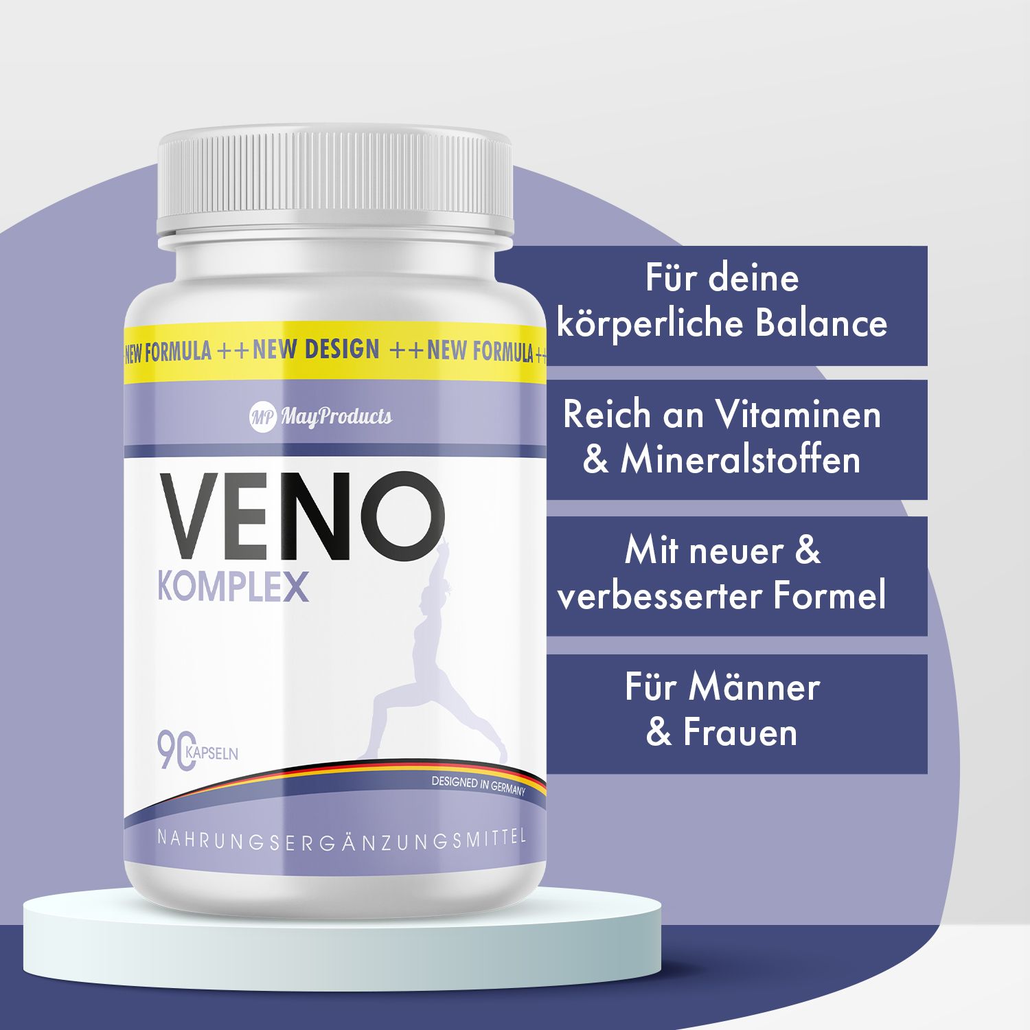 Weiße Pillendose mit blauem Etikett. Aufschrift: VENO KOMPLEX, 90 Kapseln. Textboxen: Vorteile, Vitamine, verbesserte Formel, für Männer & Frauen.