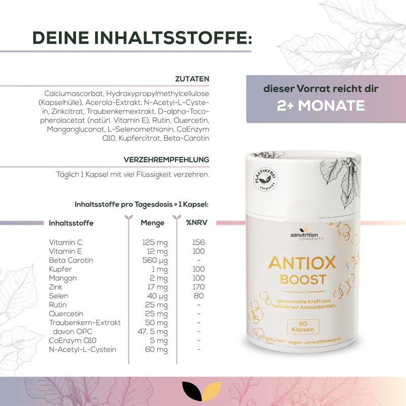 Nährwerttabelle für "ANTIOX-BOOST". Inhaltsstoffe, Menge, %NRV. Dose mit 60 Kapseln. "Sanutrition"-Logo.