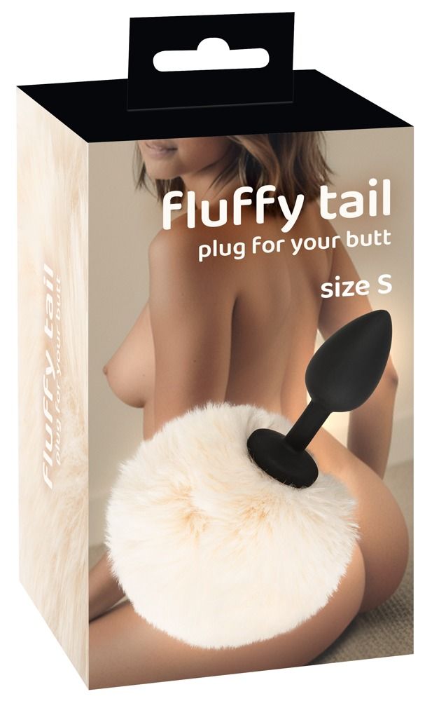 Verpackung mit Produktabbildung. Text: Fluffy tail, plug for your butt, Größe S.