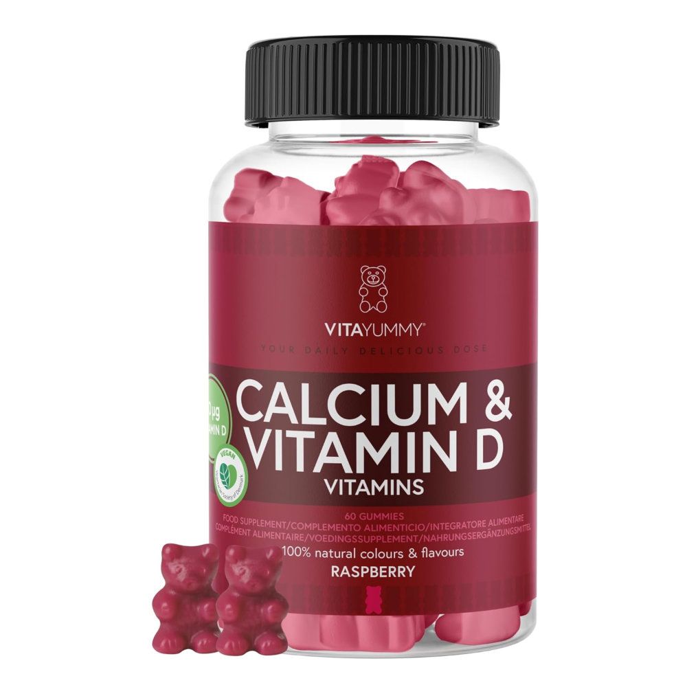 Klare Flasche mit roten Gummibärchen. Aufschrift: VITAYUMMY Calcium & Vitamin D3. 60 Gummis, Himbeergeschmack.