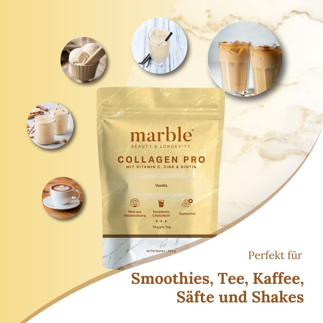 marble© Collagen Pro-Verpackung neben Bildern von Getränken. Text: Collagen Pro, Vanille, Vitamin C, Zink & Biotin. Perfekt für Smoothies.