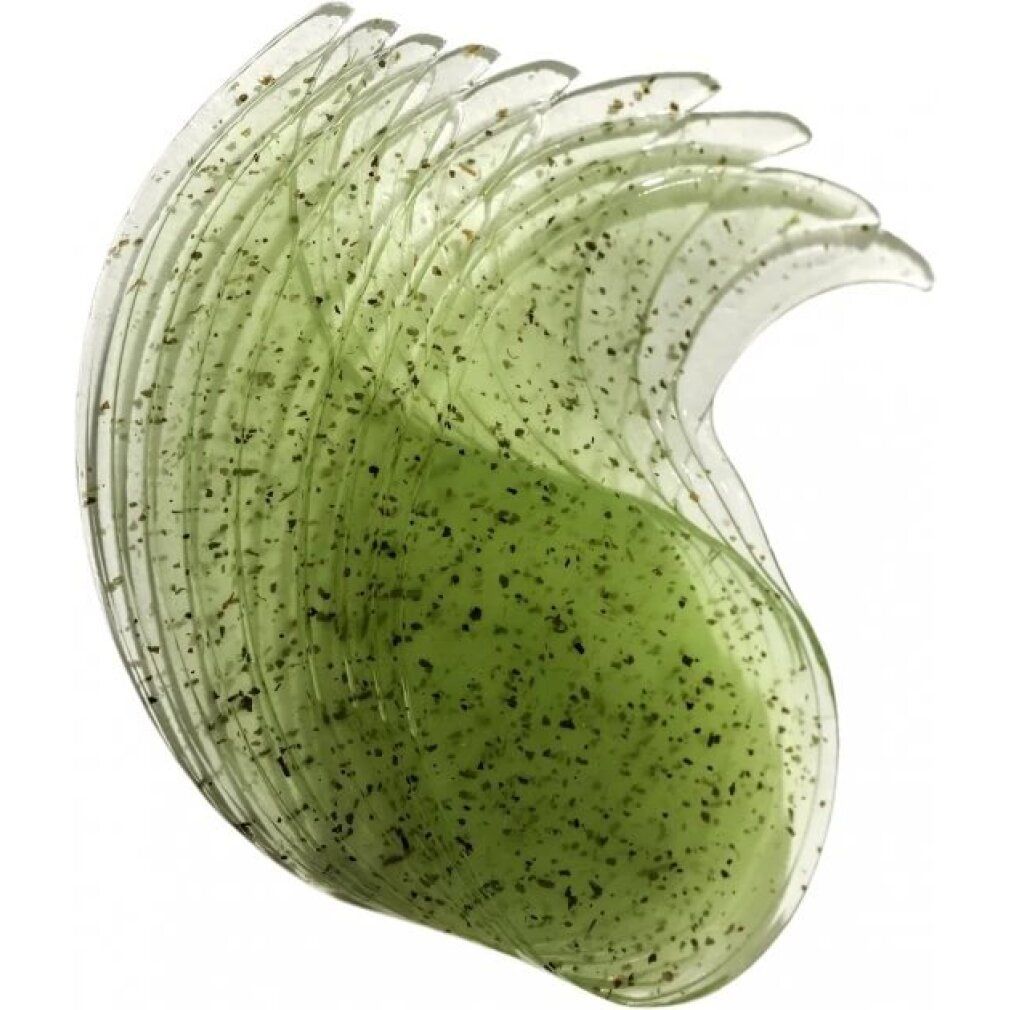 Mehrere grüne Augen-Hydrogel-Masken, halbtransparent, mit schwarzen Punkten. Geformt für die Augenpartie.