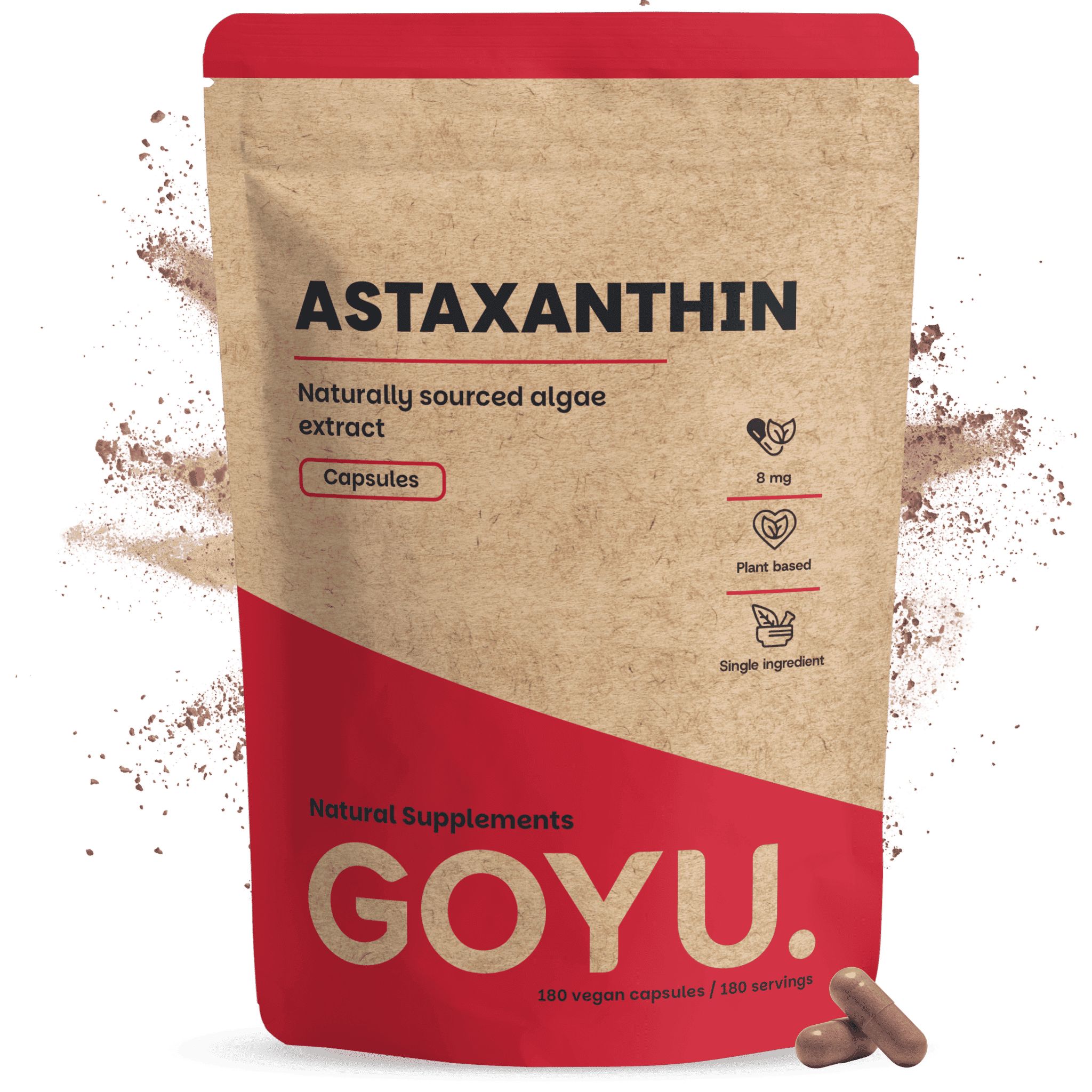 Braune Papiertüte mit Astaxanthin-Kapseln, 8 mg, pflanzlich, Einzelzutat.