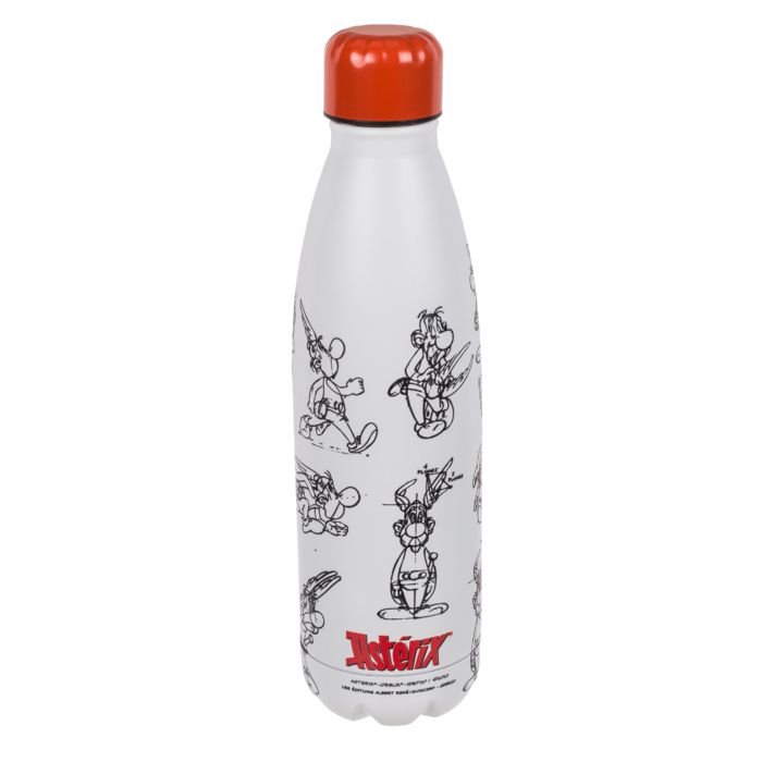 Weiße Trinkflasche mit rotem Deckel und Asterix-Zeichnungen. Metallflasche.