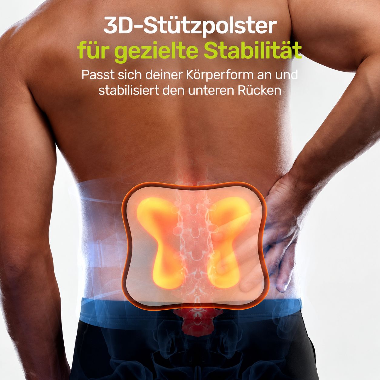 Rückenstützgurt mit Darstellung der Wirbelsäule und Hervorhebung des unteren Rückenbereichs.