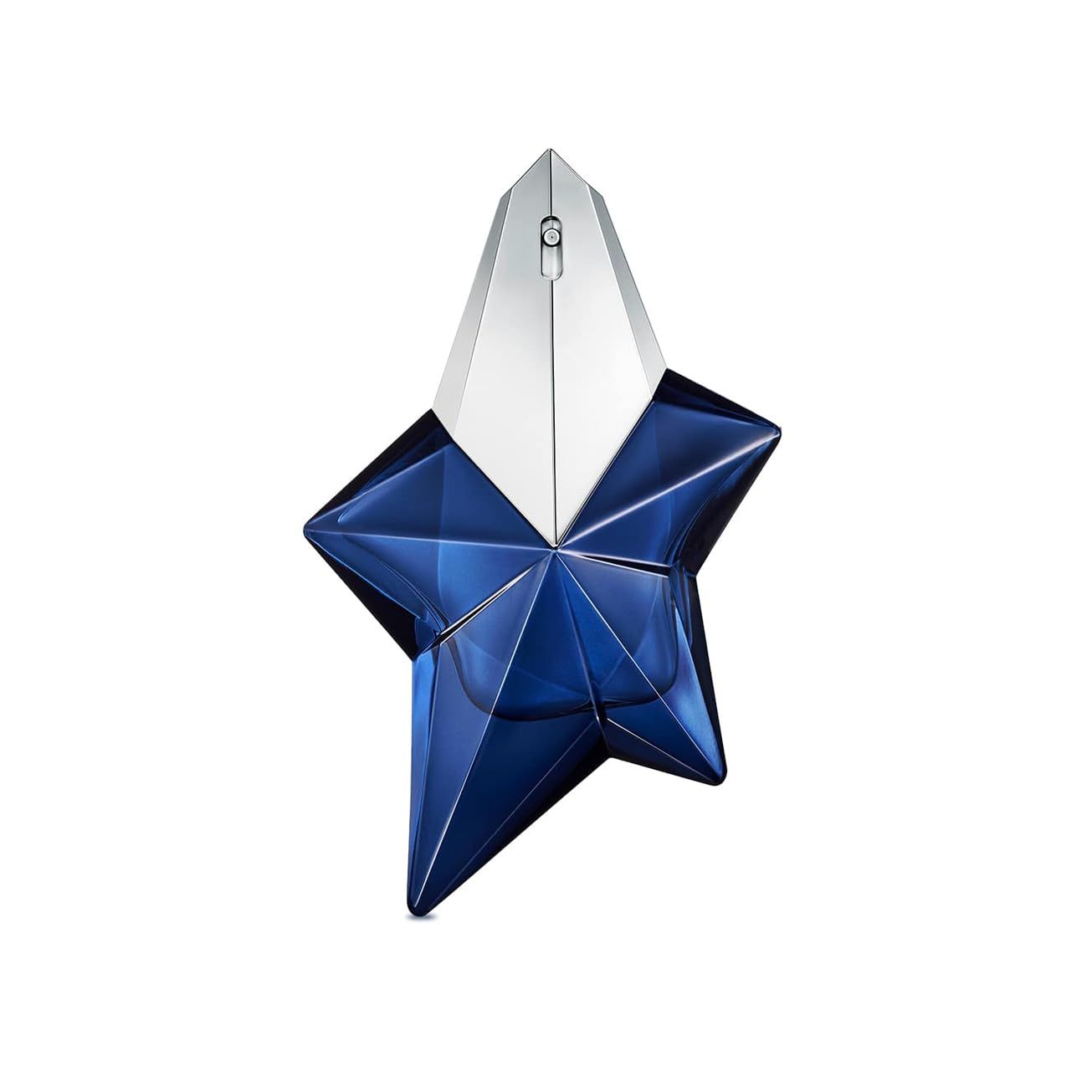 Blauer Sternförmiger Flakon mit silberfarbenem Deckel. Der Flakon steht auf weißem Hintergrund.