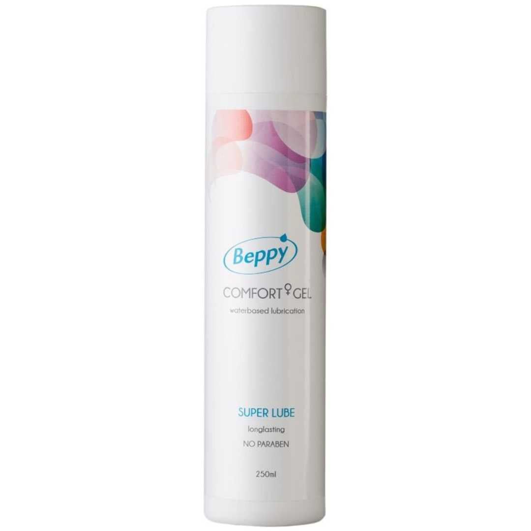 Beppy Comfort Gel Flasche. Weiß, mit farbigen Akzenten. Beschriftung: Comfort Gel, Super Lube, 250ml.