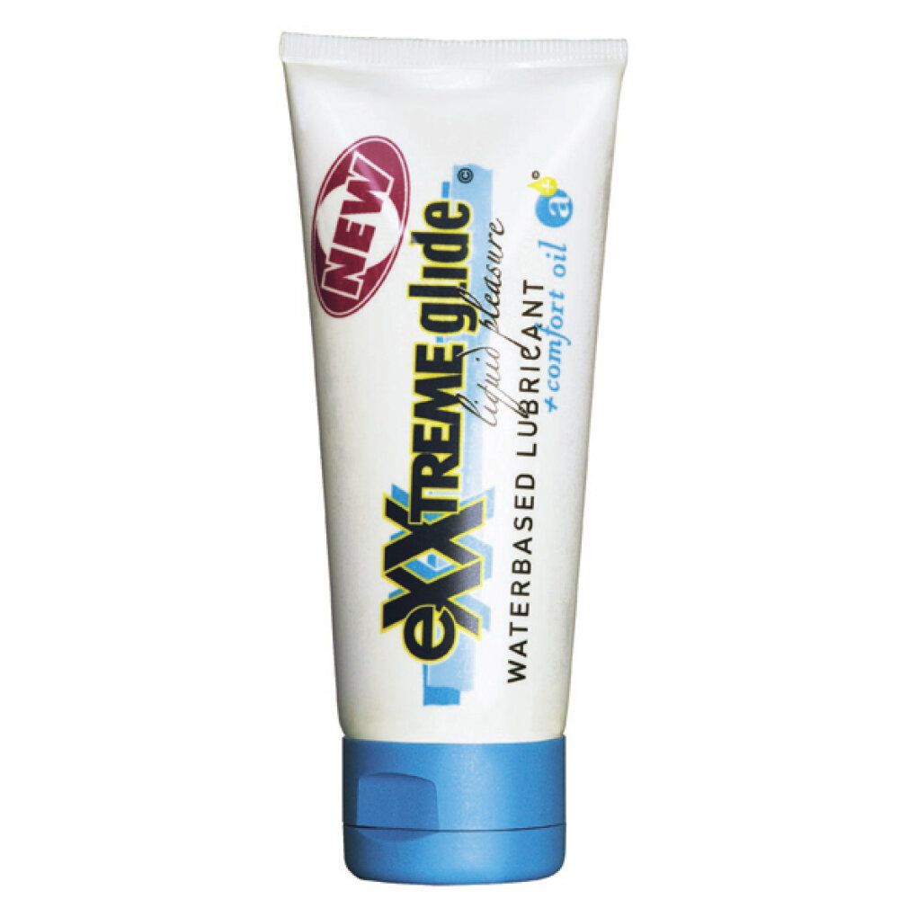 Weiß-blaue Tube eXXtreme GLIDE. Aufschrift: waterbased lubricant. Blaue Verschlusskappe. Mit NEW-Label.