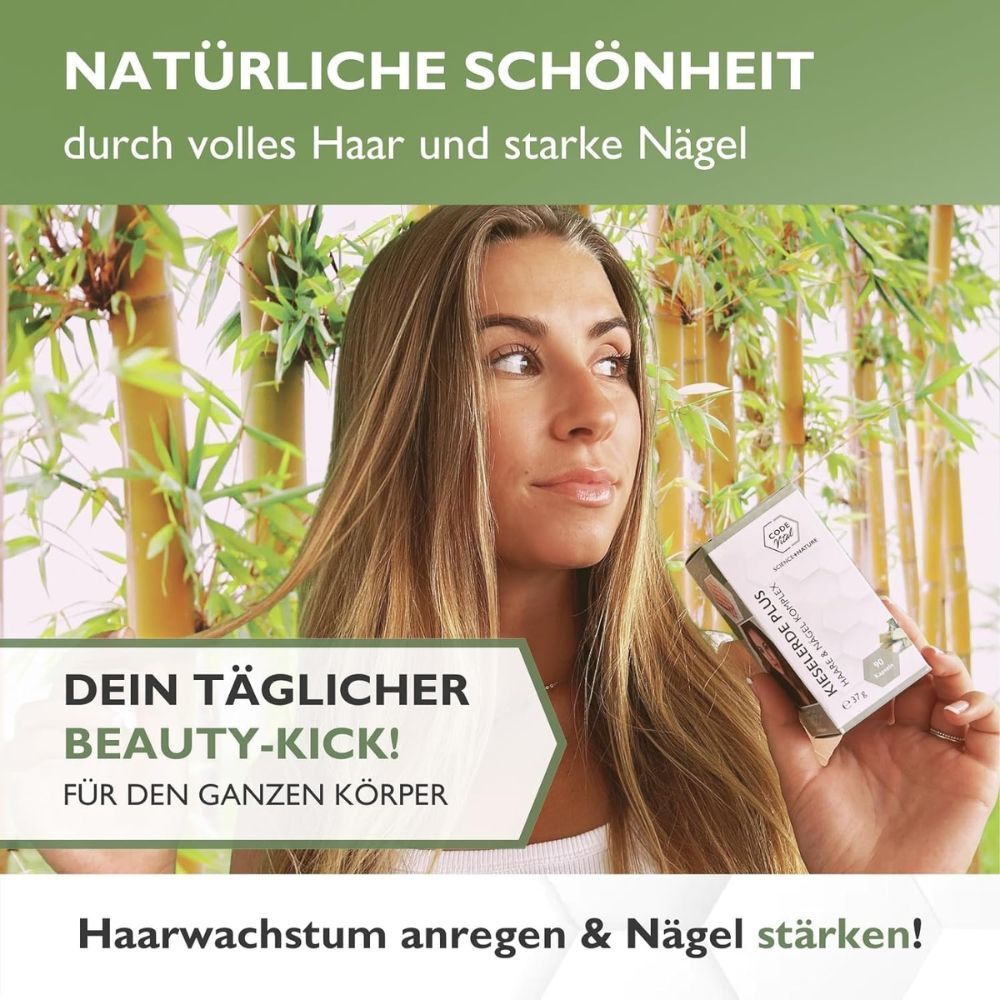 Frau mit langen Haaren. Text: Dein täglicher Beauty-Kick! Für den ganzen Körper. Haare & Nägel stärken.