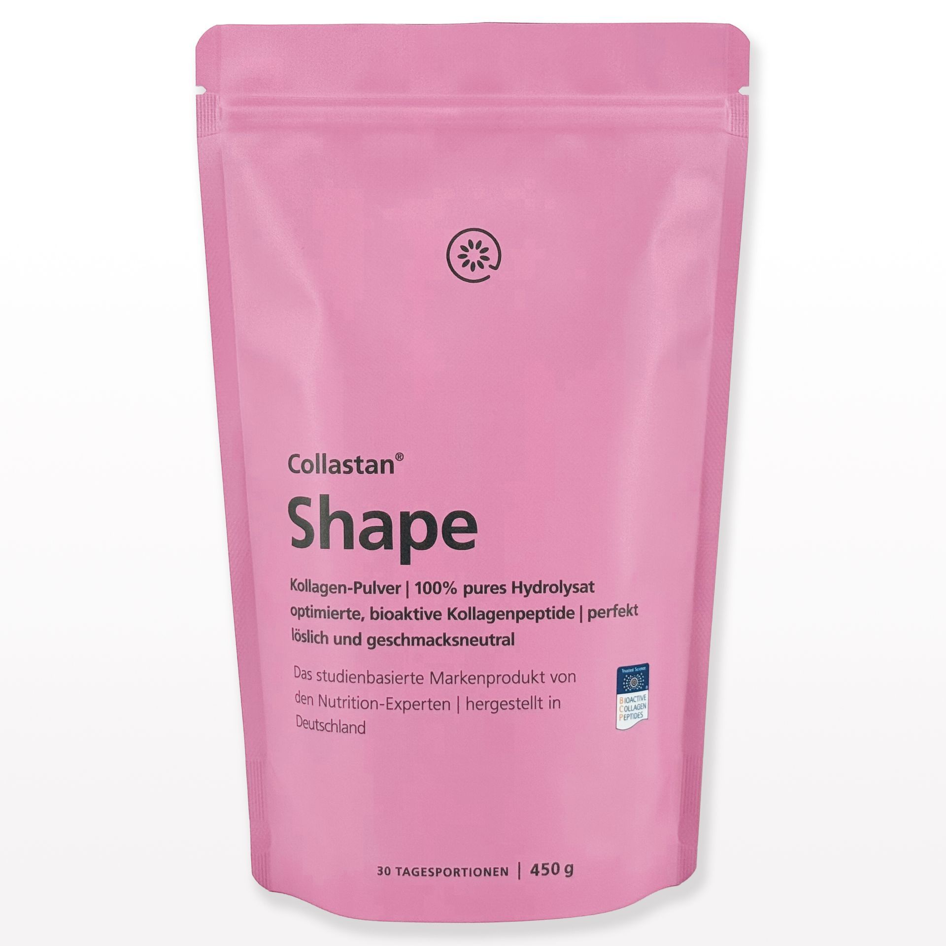 Rosa Beutel mit "Collastan Shape"-Aufdruck. Enthält Kollagenpulver. Text in Deutsch. Logo oben links.